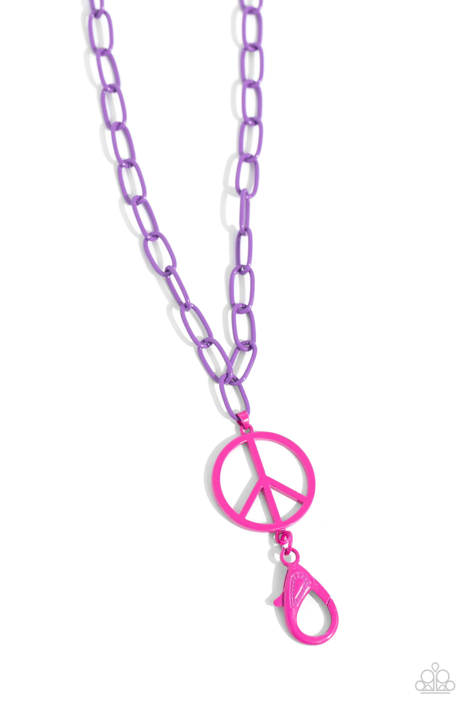 Tranquil Unity Purple Peace Sign Lanyard - Paparazzi Accessories  Featuring a hot pink hue, a peace sign dangles from a purple-painted paperclip chain for a groovy pop of color along the chest. A hot pink lobster clasp hangs from the bottom of the design to allow a name badge or other item to be attached. Features an adjustable clasp closure.  Sold as one individual lanyard. Includes one pair of matching earrings.  Sku:  P2LN-PRXX-025XX