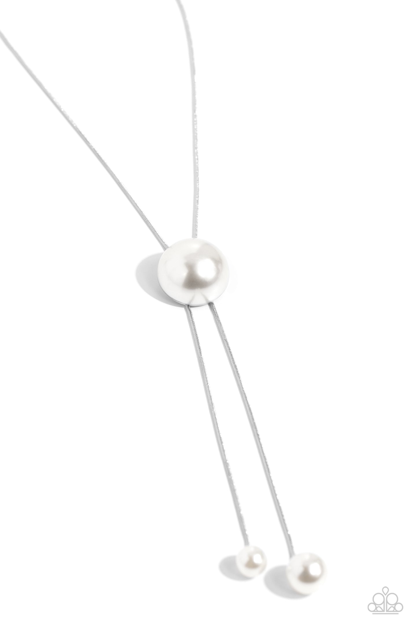 Corporate Couture White Pearl Bolo Necklace - Paparazzi Accessories  An exaggeratedly large white half-pearl overlaps into an adjustable pendant along a silver snake chain for a refined, business-inspired look. Two smaller white pearls dangle below the exaggerated pearl setting for additional high-sheen class. Features a bolo closure.  Sold as one individual necklace. Includes one pair of matching earrings.  SKU: P2RE-WTXX-663XX