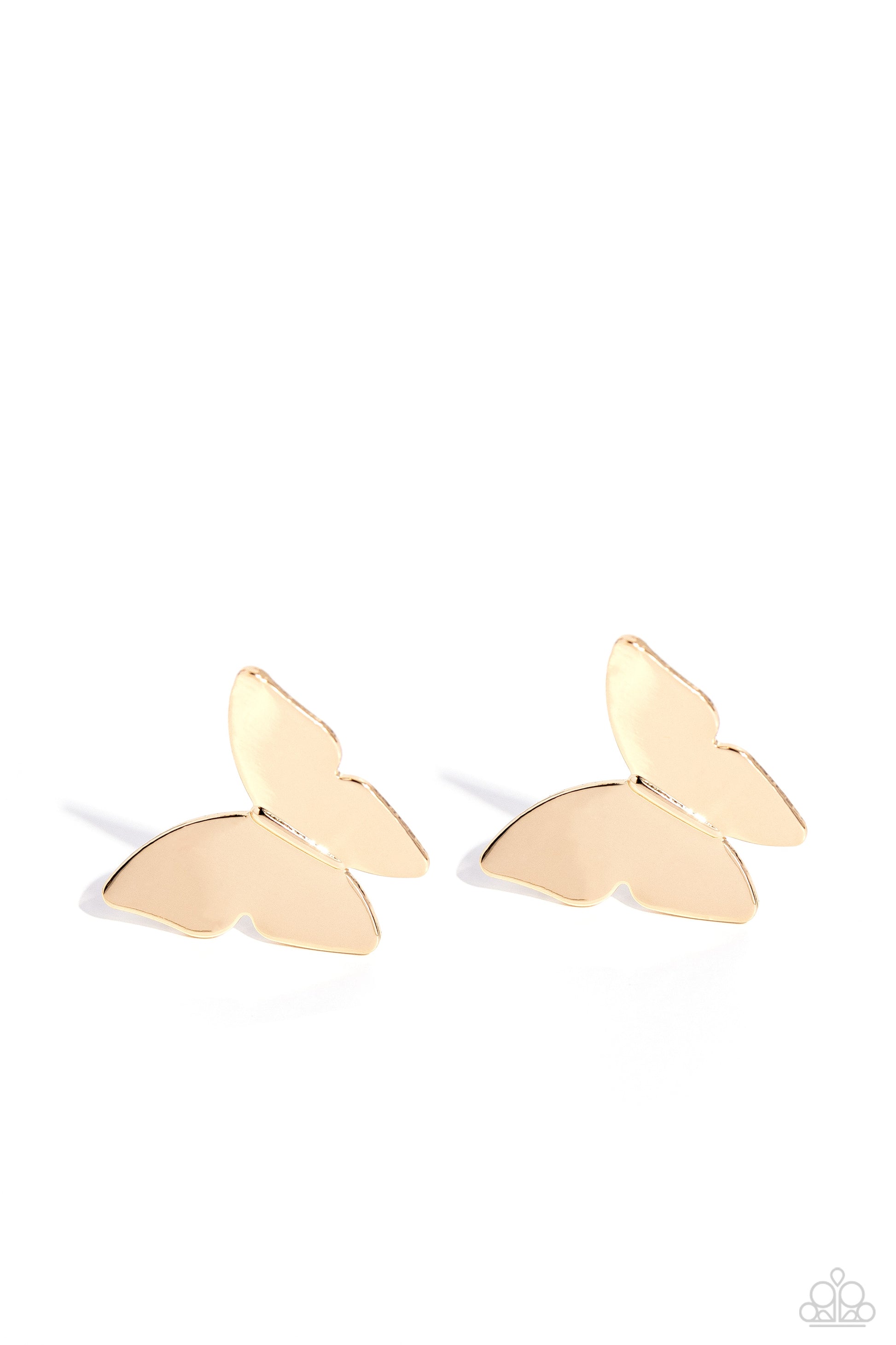 Butterfly Beholder Gold Post Earring - Paparazzi Accessories  High-sheen gold butterflies dance at the ear, creating a whimsical centerpiece. Earring attaches to a standard post fitting.  Sold as one pair of post earrings.  Sku:  P5PO-GDXX-254XX
