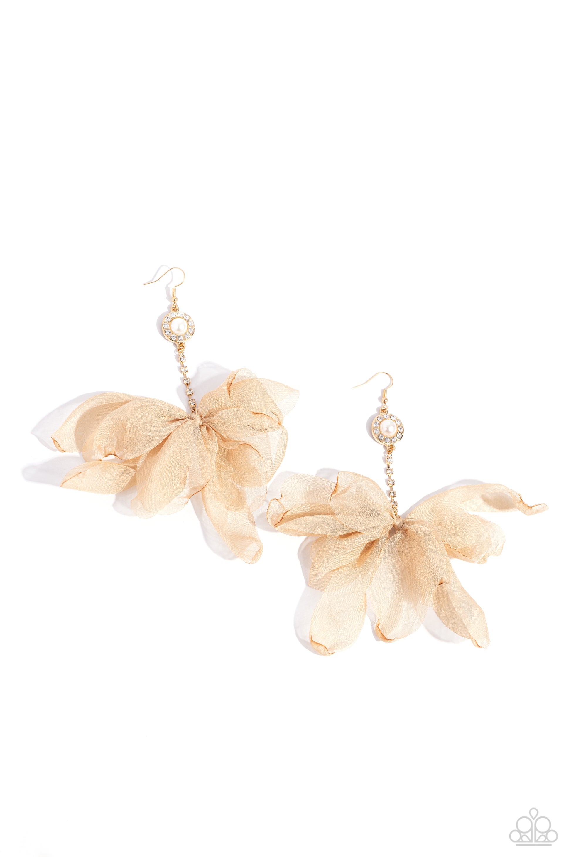 Seriously Sheer Brown Chiffon Earring - Paparazzi Accessories  A sheer, Doe chiffon bow is tied to the bottom of a rhinestone-encrusted gold square-fitting rod that is attached to a dainty white rhinestone-encrusted pearly pendant for a refined finish. Earring attaches to a standard fishhook fitting.  Sold as one pair of earrings.  SKU: P5RE-BNXX-139XX