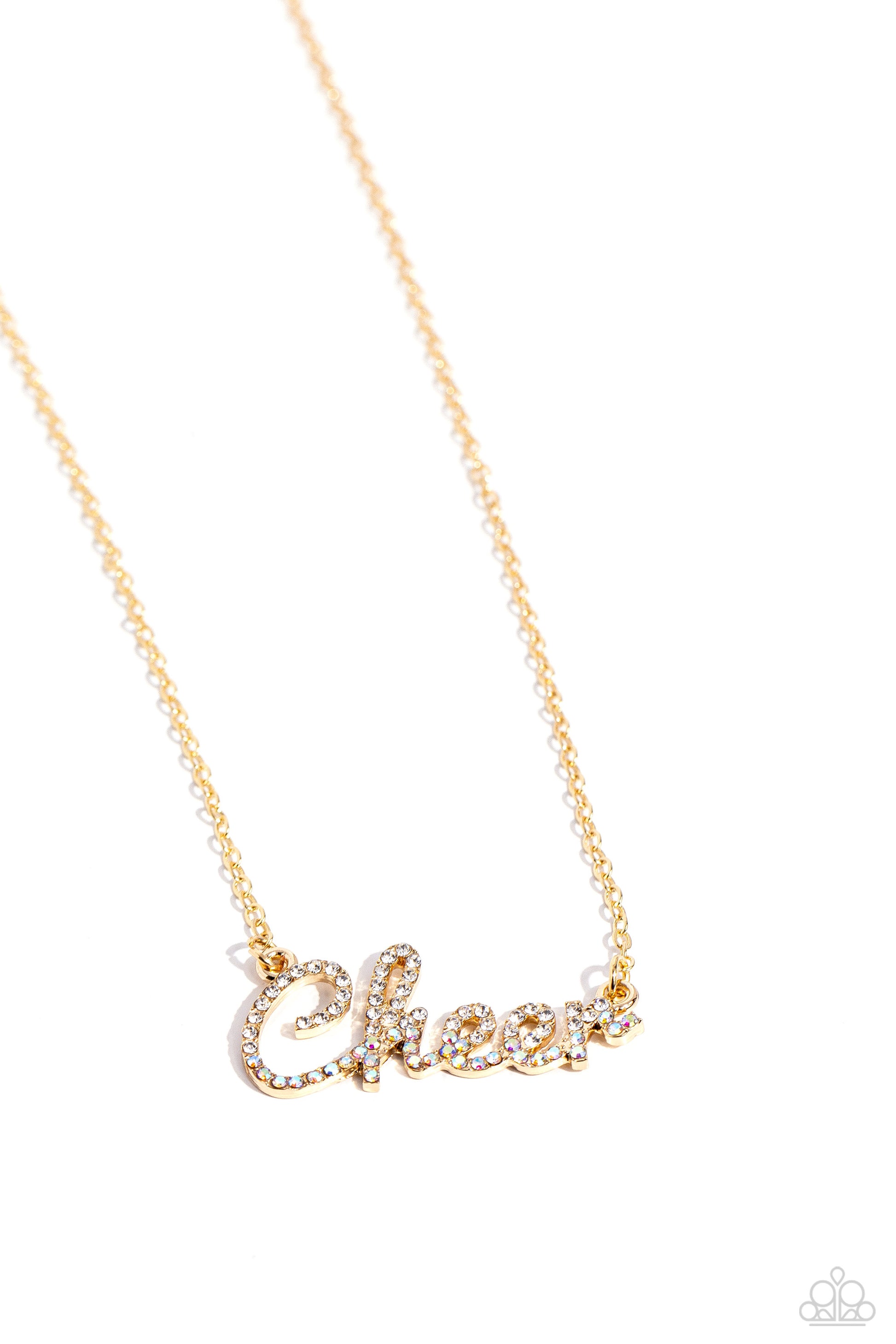 Cheer Squad Gold Necklace - Paparazzi Accessories  Curled in a script font, glistening gold letters spell out the word "Cheer" along a dainty gold chain. Embossed on the letters, dainty white rhinestones and iridescent rhinestones create a subtle ombré effect for a peppy finish. Features an adjustable clasp closure. Due to its prismatic palette, color may vary.  Sold as one individual necklace. Includes one pair of matching earrings.  P2WD-GDXX-332XX
