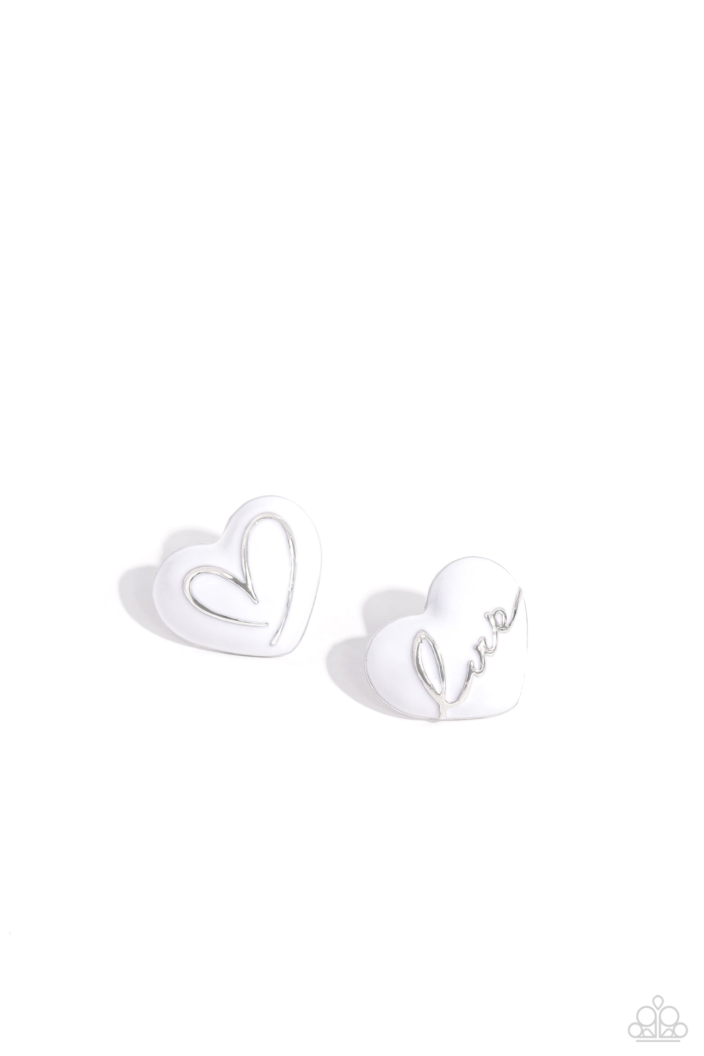 Glimmering Love White Heart Post Earring - Paparazzi Accessories  Featuring a silver hue, two thick white-painted heart frames are adorned with the word "love" in a script font and a loopy heart outline for a flirtatious mix-and-match look. Earring attaches to a standard post earring.  Sold as one pair of post earrings.  SKU: P5PO-WTXX-384XX