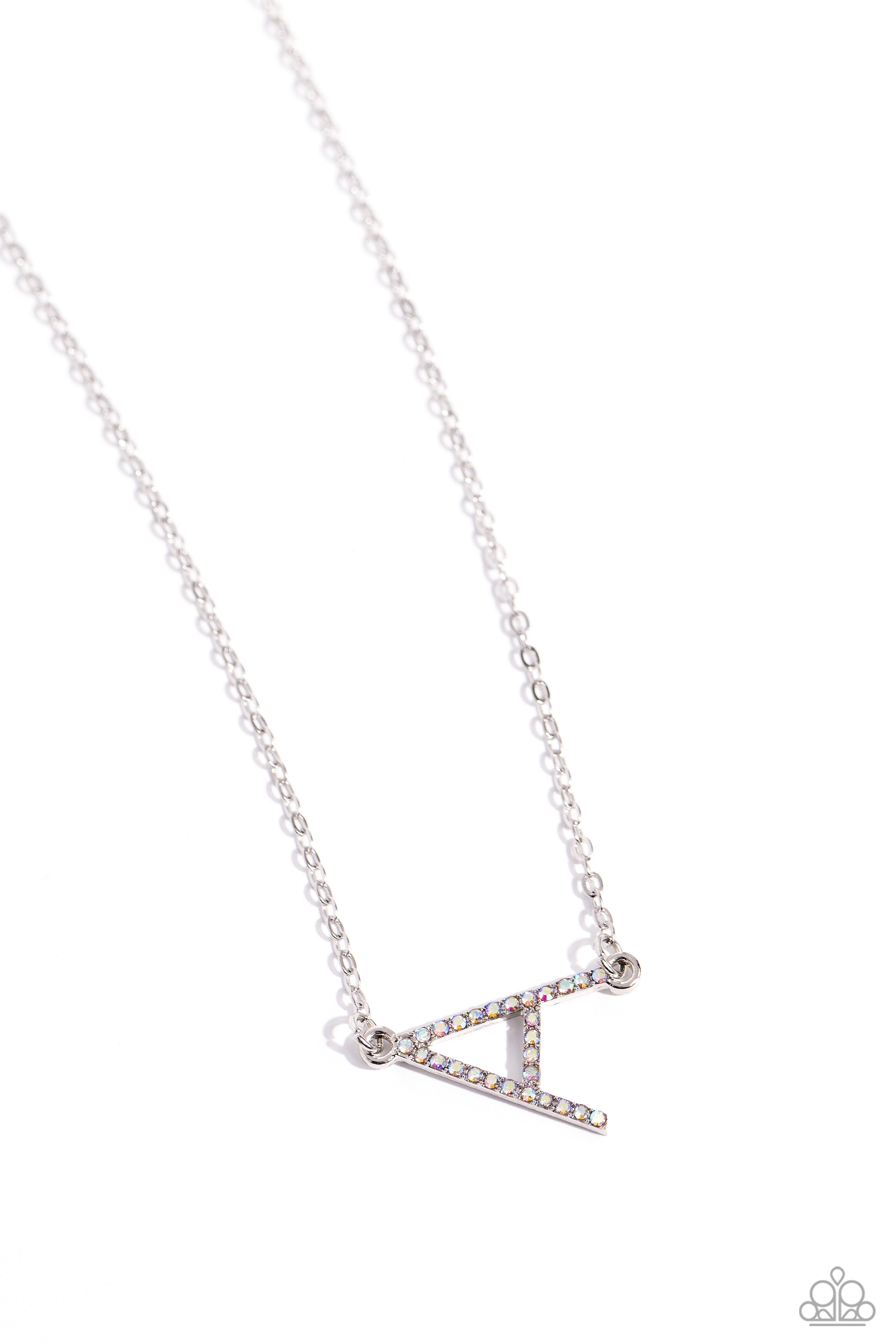 INITIALLY Yours Multi "A" Necklace - Paparazzi Accessories  Embossed with dainty iridescent rhinestones, a silver letter "A" hovers below the collar from a dainty silver chain, for a sentimentally simple design. Features an adjustable clasp closure. Due to its prismatic palette, color may vary.  Sold as one individual necklace. Includes one pair of matching earrings.  P2DA-MTXX-124XX