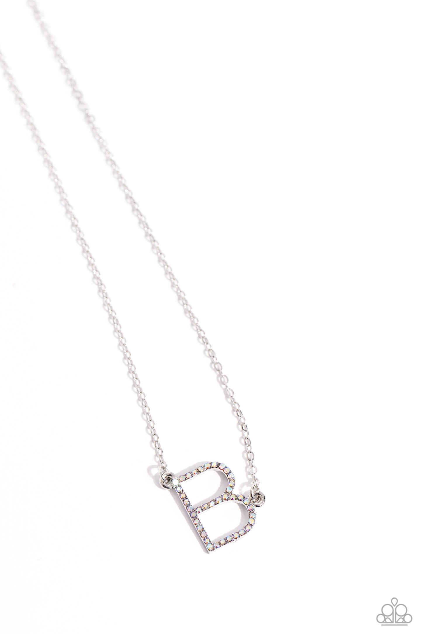 INITIALLY Yours Multi "B" Necklace - Paparazzi Accessories  Embossed with dainty iridescent rhinestones, a silver letter "B" hovers below the collar from a dainty silver chain, for a sentimentally simple design. Features an adjustable clasp closure. Due to its prismatic palette, color may vary.  Sold as one individual necklace. Includes one pair of matching earrings.  P2DA-MTXX-125XX