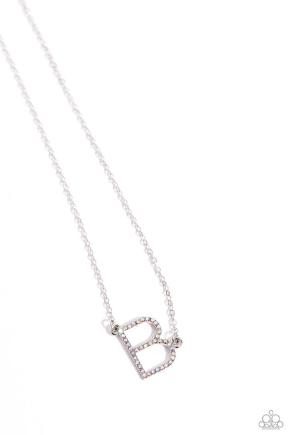 INITIALLY Yours Multi "B" Necklace - Paparazzi Accessories  Embossed with dainty iridescent rhinestones, a silver letter "B" hovers below the collar from a dainty silver chain, for a sentimentally simple design. Features an adjustable clasp closure. Due to its prismatic palette, color may vary.  Sold as one individual necklace. Includes one pair of matching earrings.  P2DA-MTXX-125XX