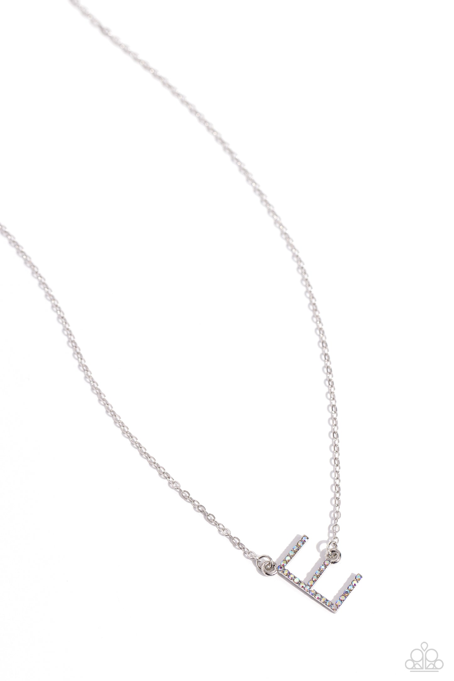 INITIALLY Yours Multi "E" Necklace - Paparazzi Accessories  Embossed with dainty iridescent rhinestones, a silver letter "E" hovers below the collar from a dainty silver chain, for a sentimentally simple design. Features an adjustable clasp closure. Due to its prismatic palette, color may vary.  Sold as one individual necklace. Includes one pair of matching earrings.  P2DA-MTXX-128XX