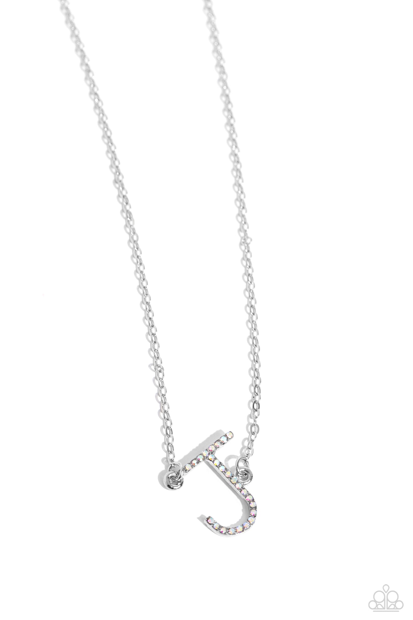 INITIALLY Yours Multi "J" Necklace - Paparazzi Accessories  Embossed with dainty iridescent rhinestones, a silver letter "J" hovers below the collar from a dainty silver chain, for a sentimentally simple design. Features an adjustable clasp closure. Due to its prismatic palette, color may vary.  Sold as one individual necklace. Includes one pair of matching earrings.  P2DA-MTXX-133XX