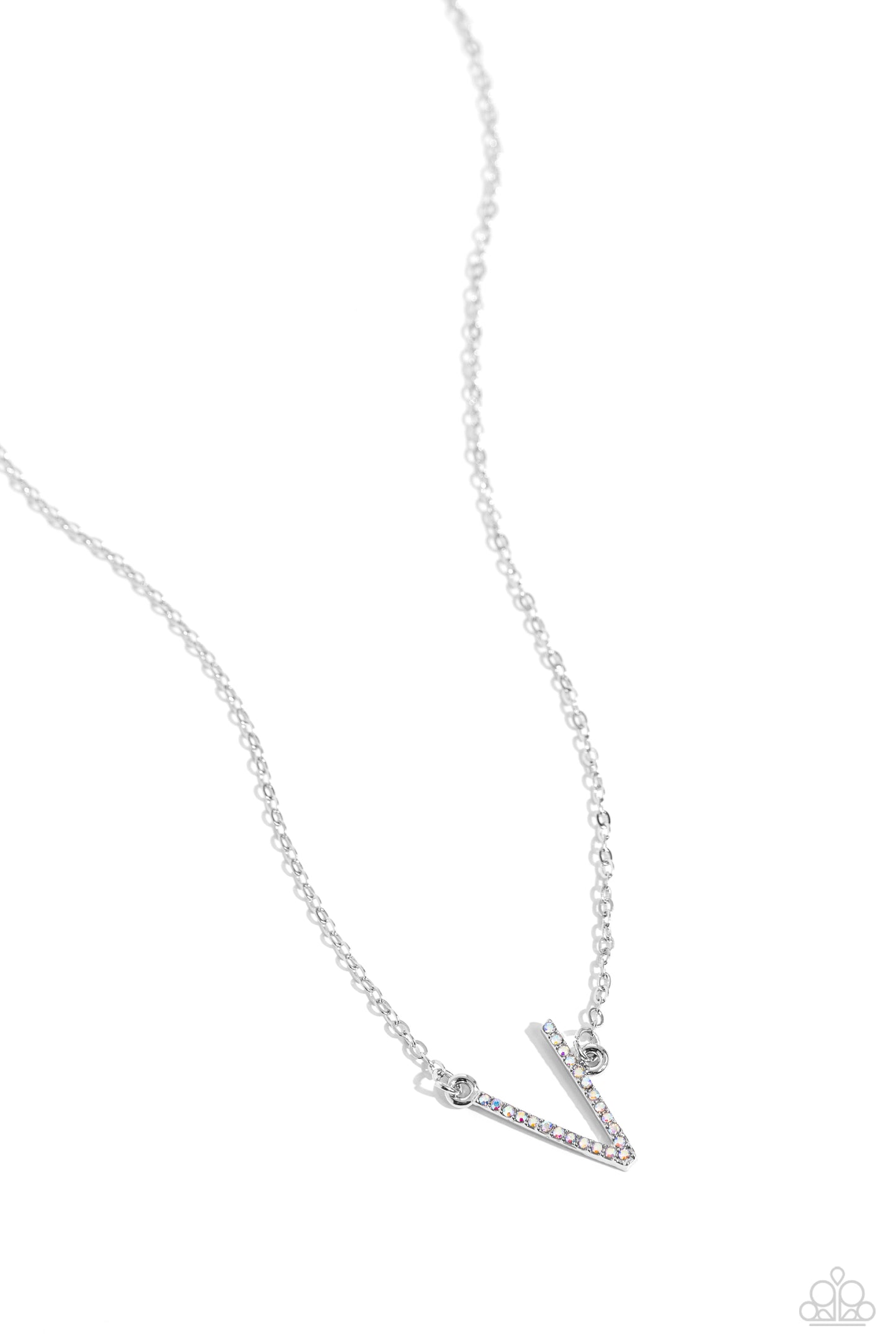 INITIALLY Yours Multi "V" Necklace - Paparazzi Accessories  Embossed with dainty iridescent rhinestones, a silver letter "V" hovers below the collar from a dainty silver chain, for a sentimentally simple design. Features an adjustable clasp closure. Due to its prismatic palette, color may vary.  Sold as one individual necklace. Includes one pair of matching earrings.  P2DA-MTXX-145XX