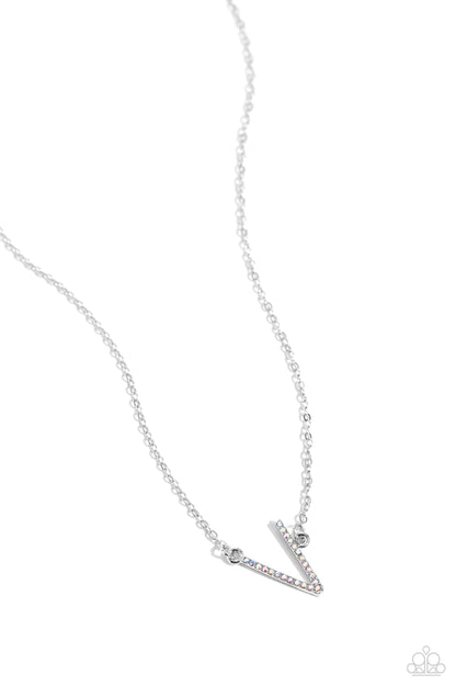 INITIALLY Yours Multi "V" Necklace - Paparazzi Accessories  Embossed with dainty iridescent rhinestones, a silver letter "V" hovers below the collar from a dainty silver chain, for a sentimentally simple design. Features an adjustable clasp closure. Due to its prismatic palette, color may vary.  Sold as one individual necklace. Includes one pair of matching earrings.  P2DA-MTXX-145XX