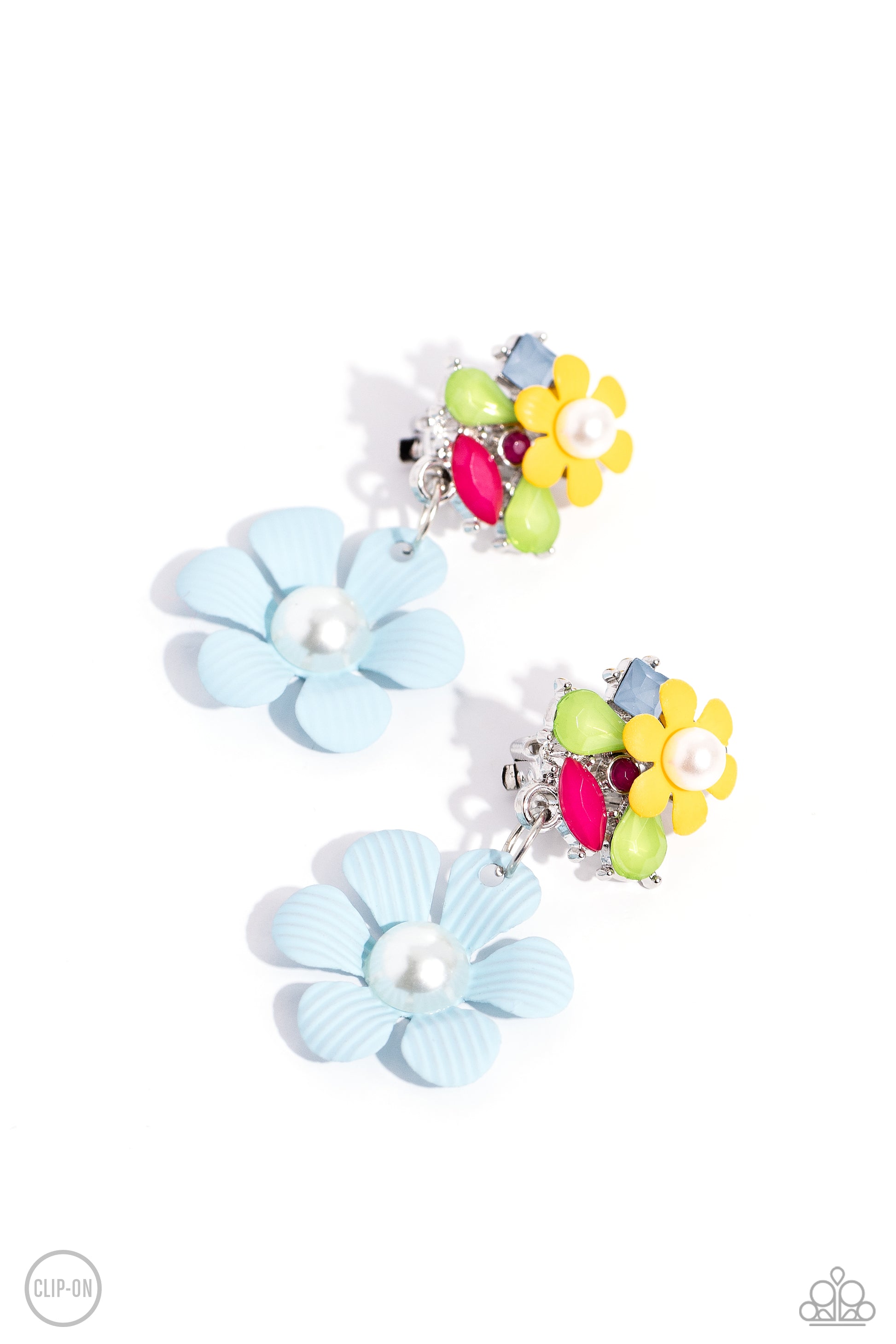 Festive Florals Blue Clip-On Earring - Paparazzi Accessories  Featuring Pantones® Kohlrabi, Summer Song, Pink Peacock, and Radiant Orchid, a collection of geometric, milky acrylic shapes cluster around a pearl-centered, dainty Daffodil Yellow flower for a spring-inspired pop of color. The abstract, multicolored display gives way to a larger pearl-centered, textured flower but in a Summer Song hue. Earring attaches to a standard clip-on fitting.  Sold as one pair of clip-on earrings.  SKU: P5CO-BLXX-066XX
