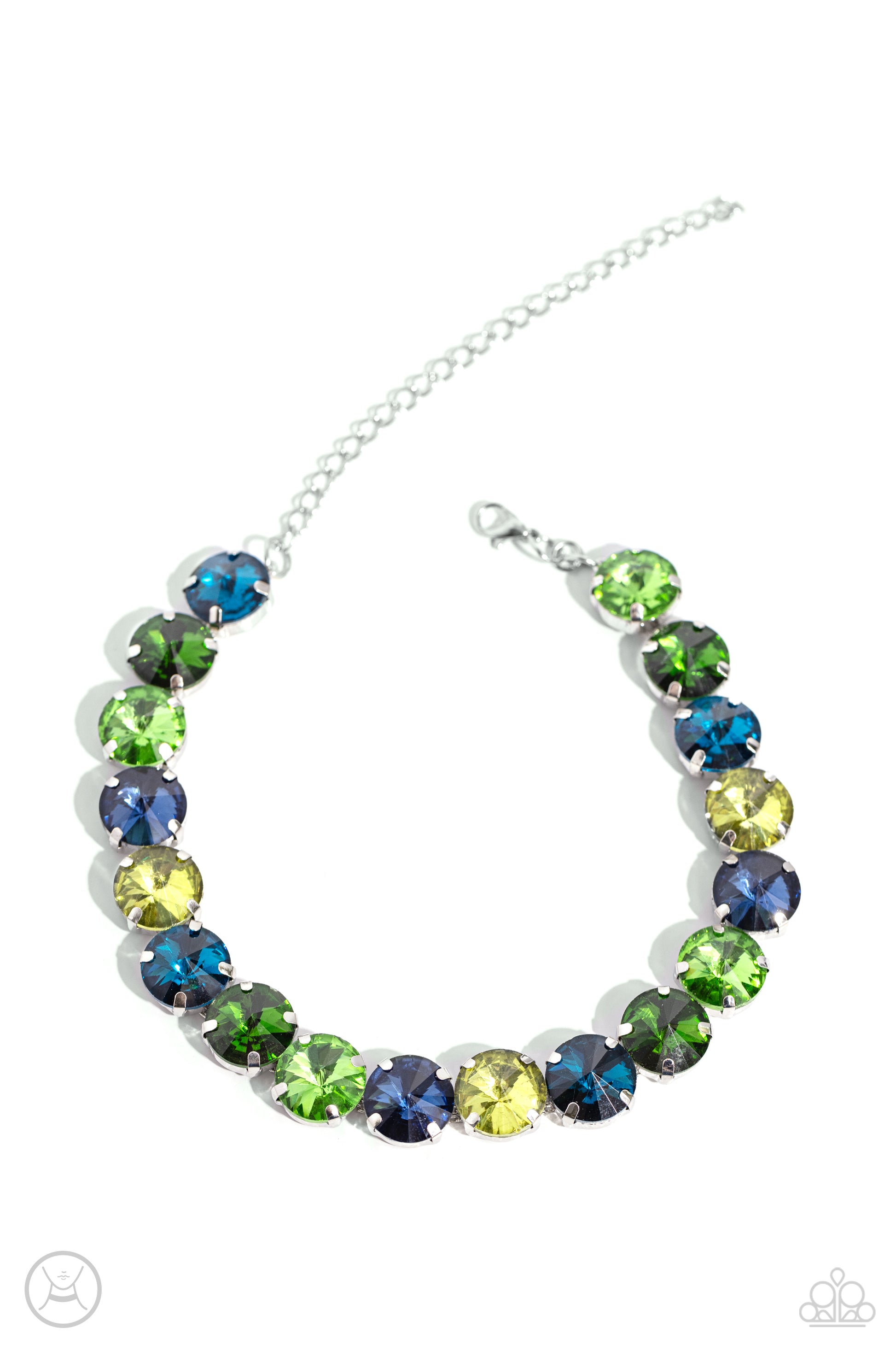 Alluring A-Lister Green Rhinestone Choker Necklace - Paparazzi Accessories  Featuring various shades of green and blue, a collection of faceted gems in pronged silver fittings come to a point as they coalesce around the collar for a dramatically refined display. Features an adjustable clasp closure.  Sold as one individual choker necklace. Includes one pair of matching earrings.  Sku:  P2CH-GRXX-031XX