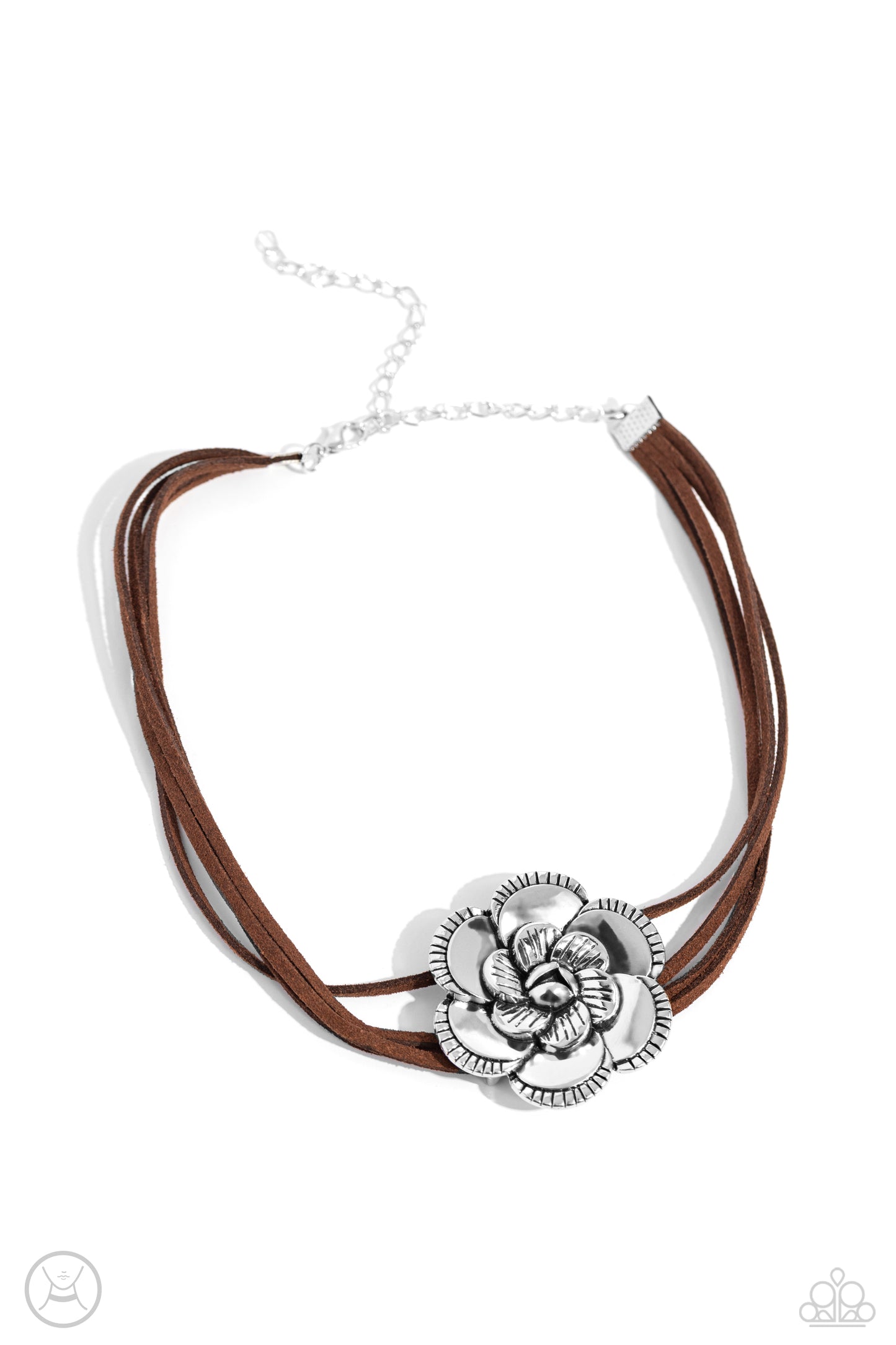 Textured Tapestry Brown Flower Choker Necklace - Paparazzi Accessories  Etched in linear texture, an oversized, glistening, three-dimensional silver rose slides along strips of brown suede, creating a floral centerpiece around the collar. Features an adjustable clasp closure.  Sold as one individual choker necklace. Includes one pair of matching earrings.  Sku:  P2CH-BNXX-027XX