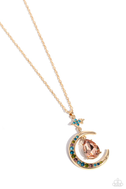 Talking to the Moon Multi Necklace - Paparazzi Accessories  A peachy teardrop gem is pressed into the center of a gold-pronged fitting that dances from the top of a gold crescent moon pendant, creating a celestial pendant at the bottom of a lengthened gold chain. A blue rhinestone-encrusted gold star leads the eye to the multicolored rhinestones embellished atop the gold crescent for a stellar finish. Features an adjustable clasp closure.