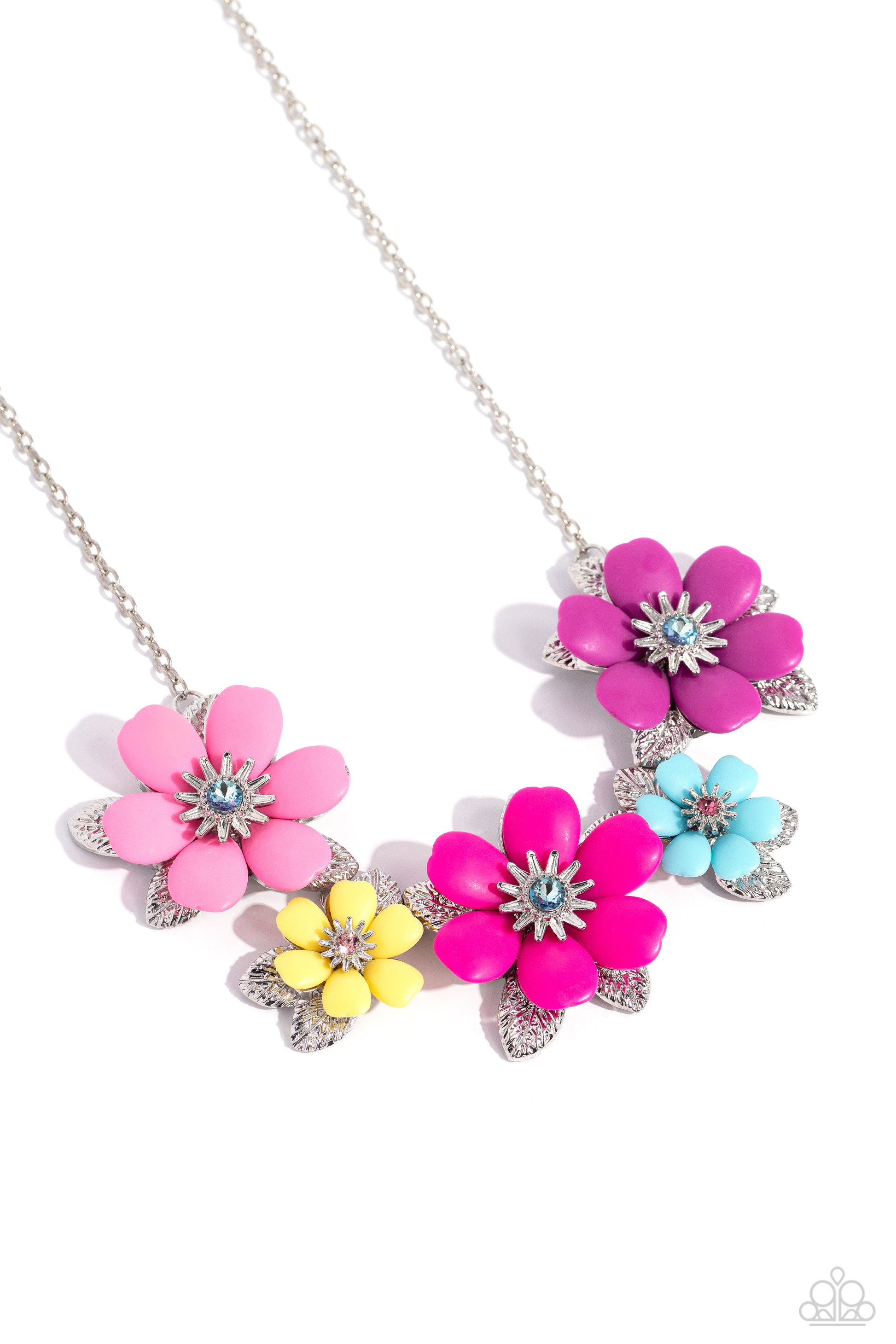 Well-Mannered Whimsy Multi Flower Necklace - Paparazzi Accessories  Dotted with dainty light amethyst, aquamarine, and rose rhinestone centers, dainty silver flowers bloom against a backdrop of glossy acrylic flowers in Aurora Pink, Rose Violet, hot pink, yellow, and Spun Sugar hues. Each flower, varying in size, blossoms across a textured collection of silver leaves below the collar, invoking a festive spirit. Features an adjustable clasp closure.