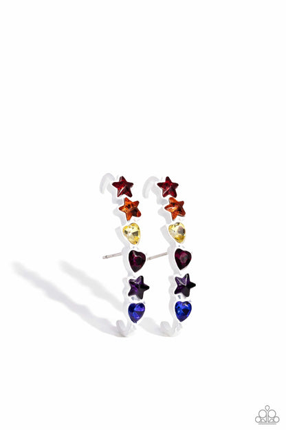 In Good Shape Multi Illusion Post Earring - Paparazzi Accessories  Set in white-painted pronged frames, various-shapes of multicolored gems curl up and around the ear, creating a trendy display. Due to its structure, adjusting capability is limited.  Sold as one pair of illusion post earrings.  Sku:  P5PO-IPMT-119XX