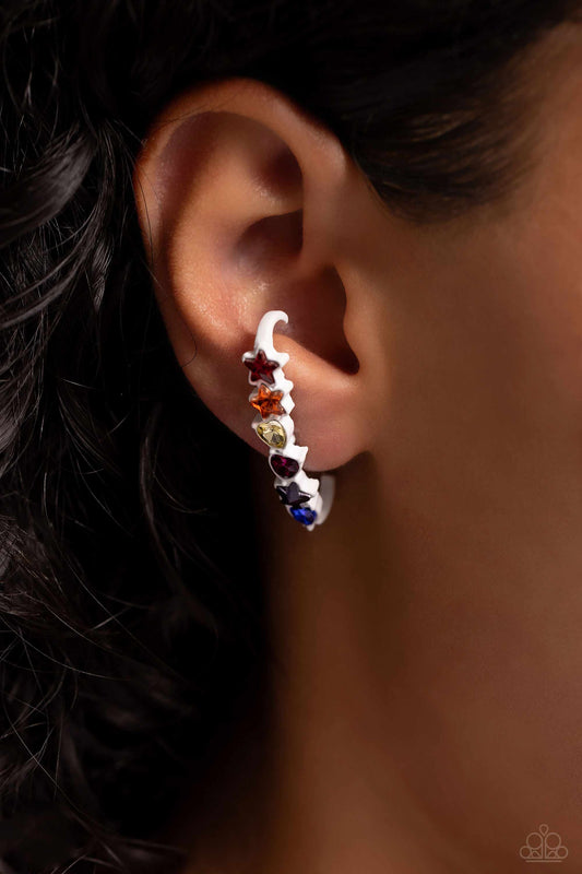In Good Shape Multi Illusion Post Earring - Paparazzi Accessories  Set in white-painted pronged frames, various-shapes of multicolored gems curl up and around the ear, creating a trendy display. Due to its structure, adjusting capability is limited.  Sold as one pair of illusion post earrings.  Sku:  P5PO-IPMT-119XX