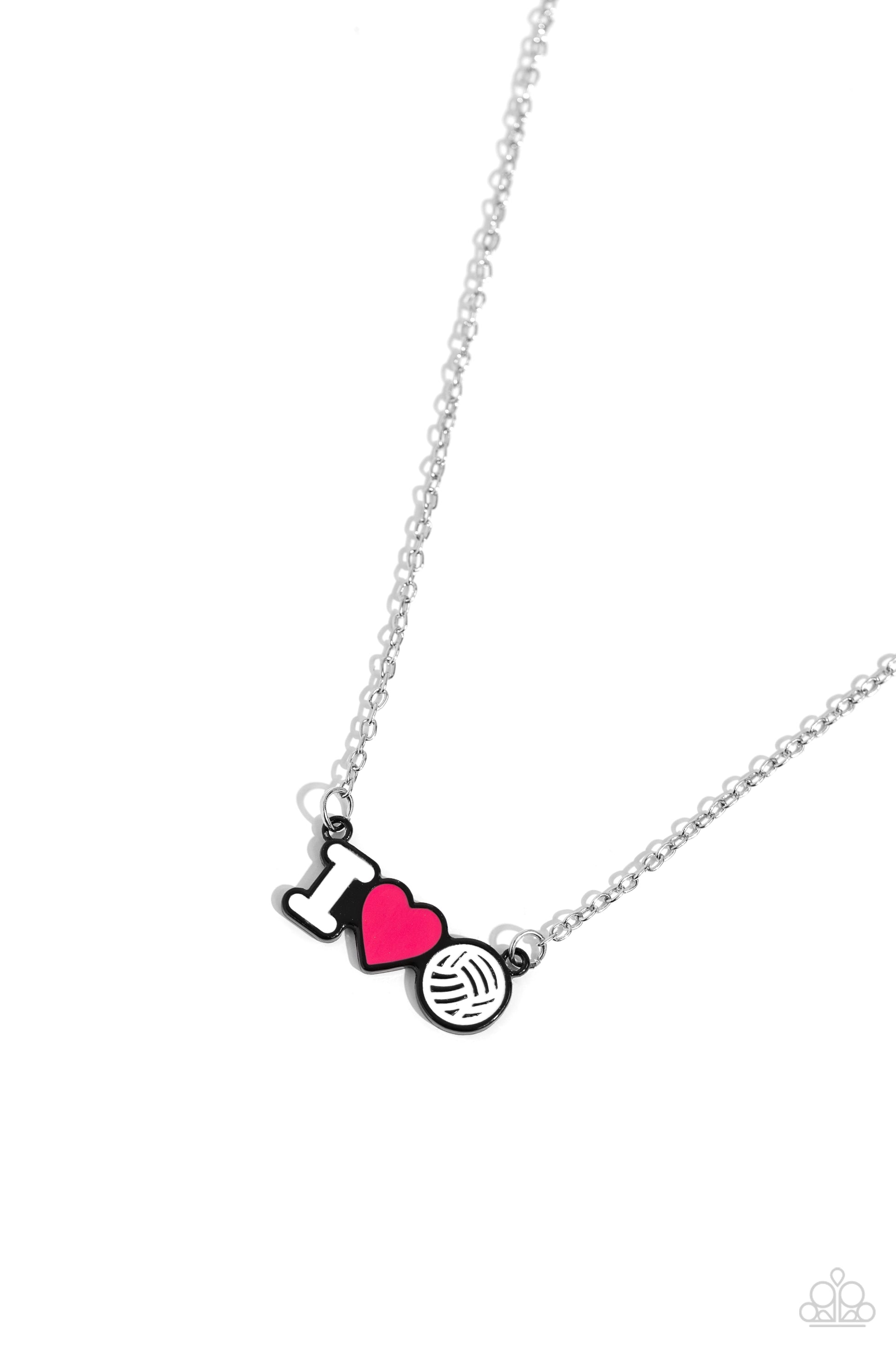 Meet Me at the Net Pink Necklace - Paparazzi Accessories  Cascading from a dainty silver chain, a white-painted "I," a pink heart, and a white volleyball charm lay beside one another in black-painted frames for a sports-inspired display. Features an adjustable clasp closure.  Sold as one individual necklace. Includes one pair of matching earrings.  P2DA-PKXX-200XX