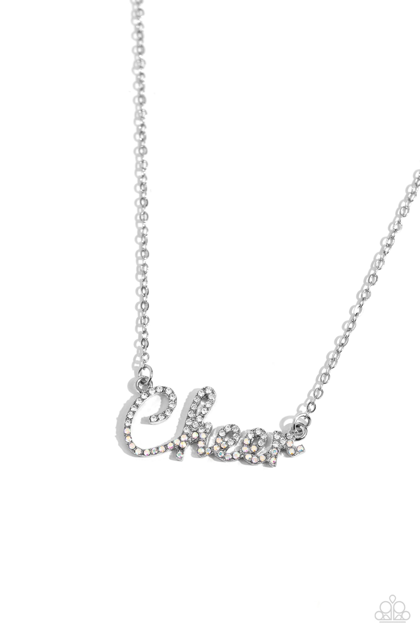 Cheer Squad White Necklace - Paparazzi Accessories  Curled in a script font, glistening silver letters spell out the word "Cheer" along a dainty silver chain. Embossed on the letters, dainty white rhinestones and iridescent rhinestones create a subtle ombré effect for a peppy finish. Features an adjustable clasp closure. Due to its prismatic palette, color may vary.  Sold as one individual necklace. Includes one pair of matching earrings.  P2WD-WTXX-276XX