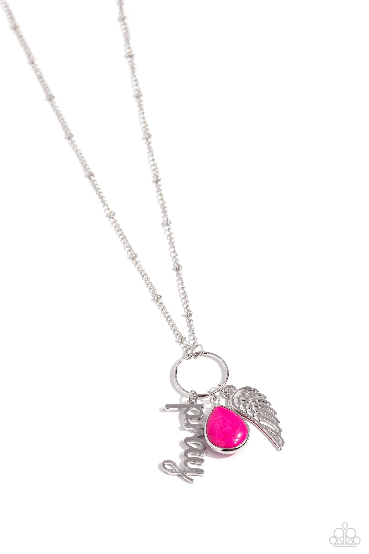 Angelic Artistry Pink Inspirational Necklace - Paparazzi Accessories  Accented with a silver satellite chain, a pink stone pressed in a silver teardrop, the silver word "pray," and an ornate half-angel silver wing cascade from the bottom of a silver ring, creating an angelic display. Features an adjustable clasp closure.  Sold as one individual necklace. Includes one pair of matching earrings.  Sku:  P2WD-PKXX-201XX