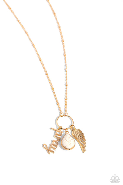 Angelic Artistry White Inspirational Necklace - Paparazzi Accessories  Accented with a gold satellite chain, a white stone pressed in a gold teardrop, the gold word "pray," and an ornate half-angel gold wing cascade from the bottom of a gold ring, creating an angelic display. Features an adjustable clasp closure.  Sold as one individual necklace. Includes one pair of matching earrings.  Sku:  P2WD-WTXX-280XX