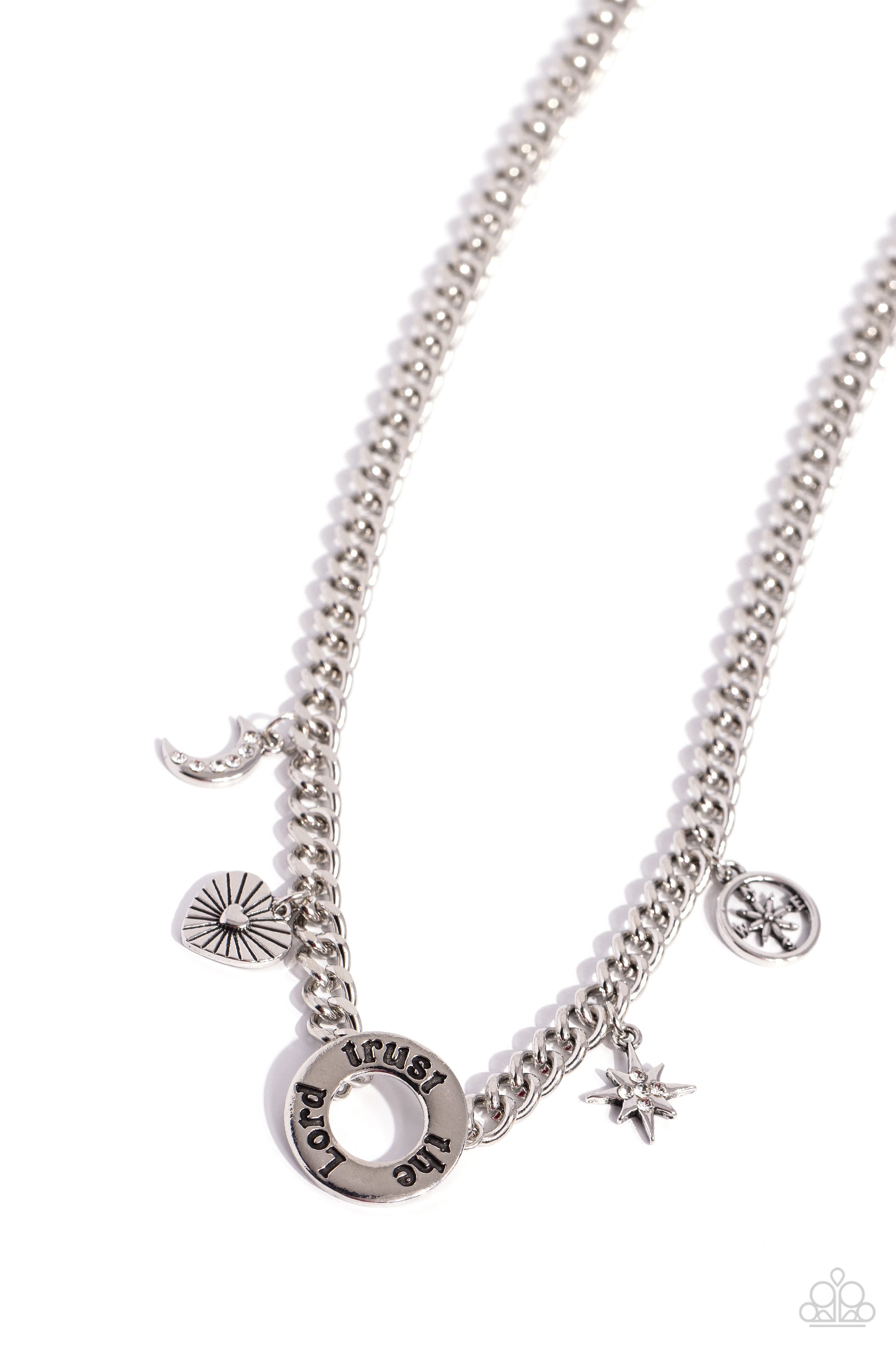 Trust in Miracles White Inspirational Necklace - Paparazzi Accessories  Dangling from a thick silver chain, a collection of silver charms, including a compass, a star embellished in white rhinestones, a crescent moon embellished in white rhinestones, a linear-textured heart, and a disc stamped with the phrase "Trust the Lord" encircles the neckline for an inspirational statement. Features an adjustable clasp closure.