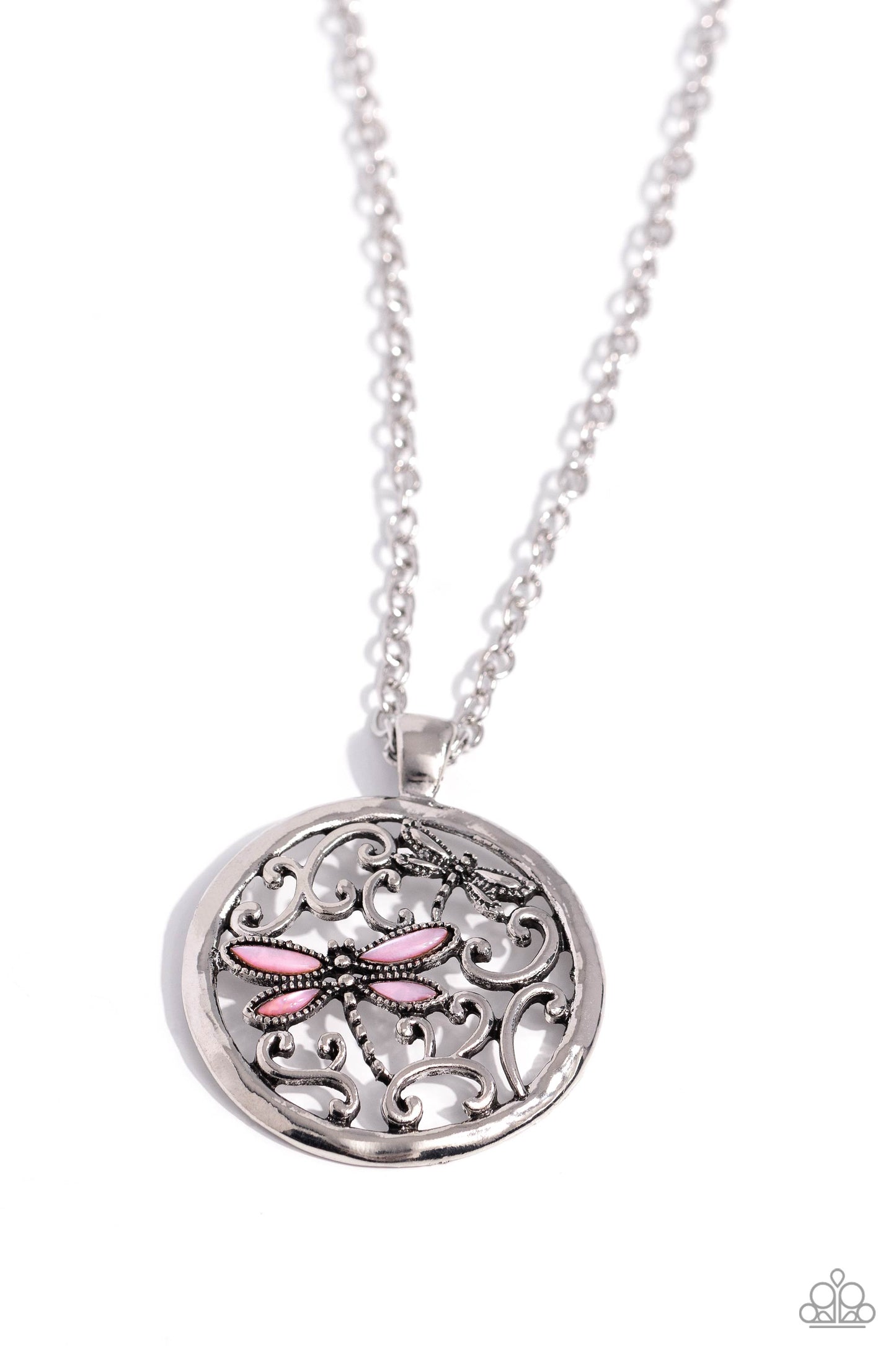 Dragonfly Daydream Pink Necklace - Paparazzi Accessories  Falling from an elongated silver chain, an airy circular pendant with frilly filigree and studded silver dragonflies lined with pink cat's eye wings creates a whimsically rustic finish. Features an adjustable clasp closure.  Sold as one individual necklace. Includes one pair of matching earrings.  Sku:  P2WH-PKXX-475XX