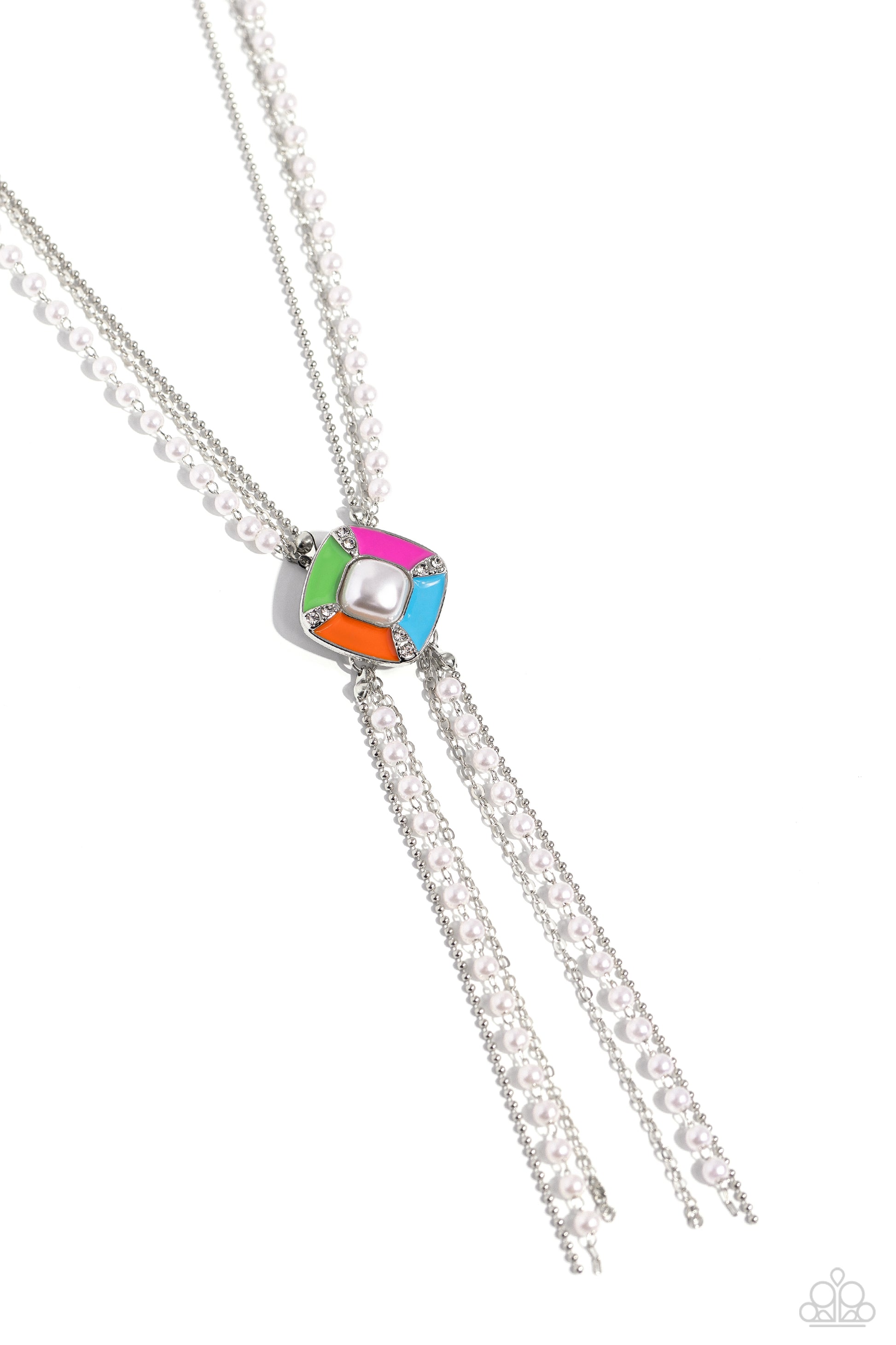 I Pinky SQUARE Multi Pearl Necklace - Paparazzi Accessories  A dainty silver chain, silver ball chain, and pearl-infused chain are attached to a tilted, multicolored-painted square pendant. Spanning around its pearly center, white rhinestones glisten along the corners of the square pendant while tassels of the three chains cascade from the bottom in two places for a refined centerpiece. Features an adjustable clasp closure.