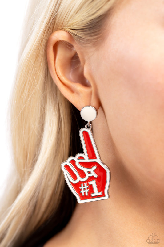 My Number One Red Post Earring - Paparazzi Accessories  Featuring white-painted details and a "#1", a red, foam-inspired fan pointer-finger hand attaches to the bottom of a white-painted post, creating a sporty lure. Earring attaches to a standard post fitting.  Sold as one pair of post earrings.  P5PO-RDXX-051XX