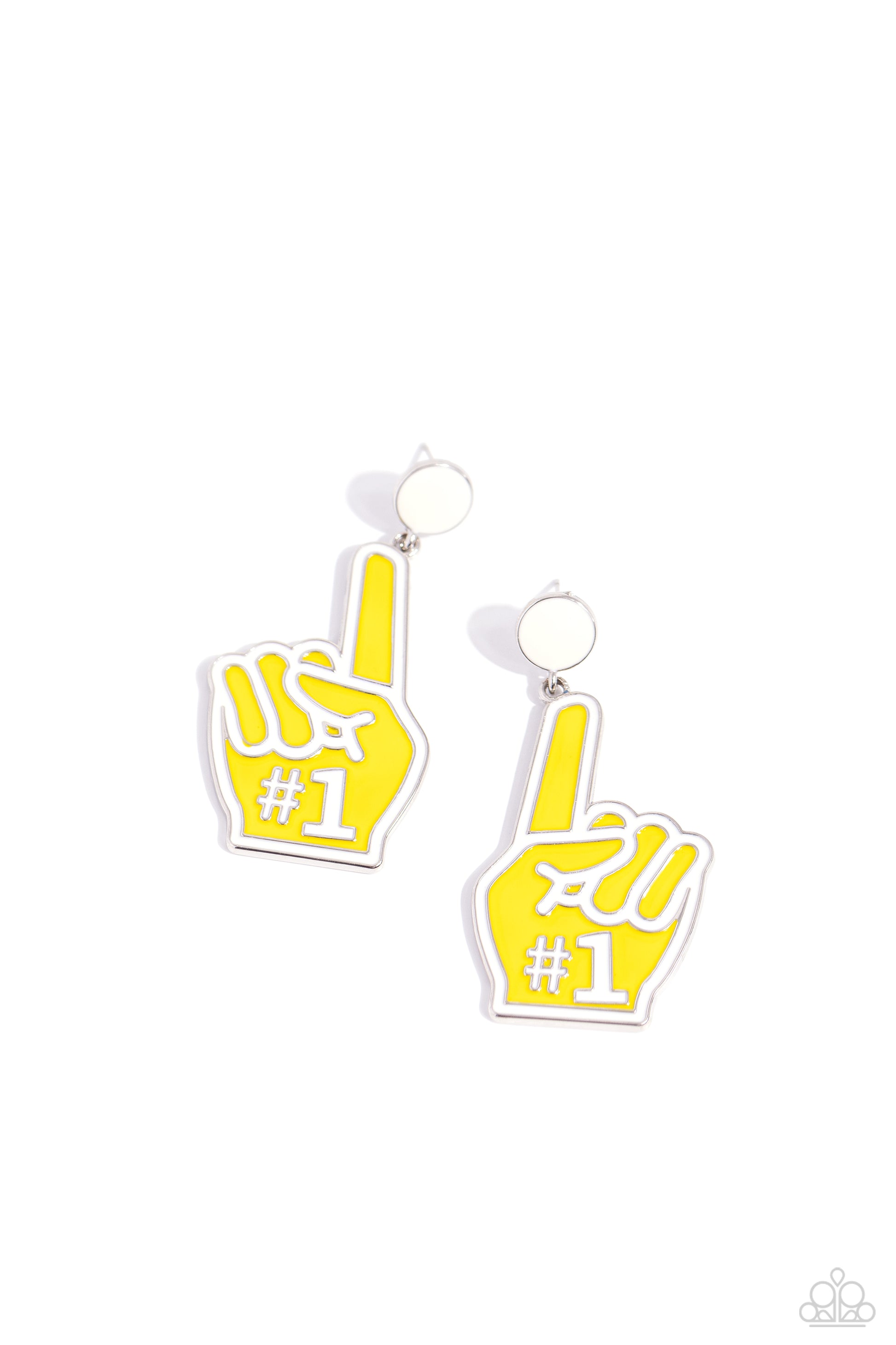 My Number One Yellow Post Earring - Paparazzi Accessories  Featuring white-painted details and a "#1", a High Visibility, foam-inspired fan pointer-finger hand attaches to the bottom of a white-painted post, creating a sporty lure. Earring attaches to a standard post fitting.  Sold as one pair of post earrings.  P5PO-YWXX-037XX