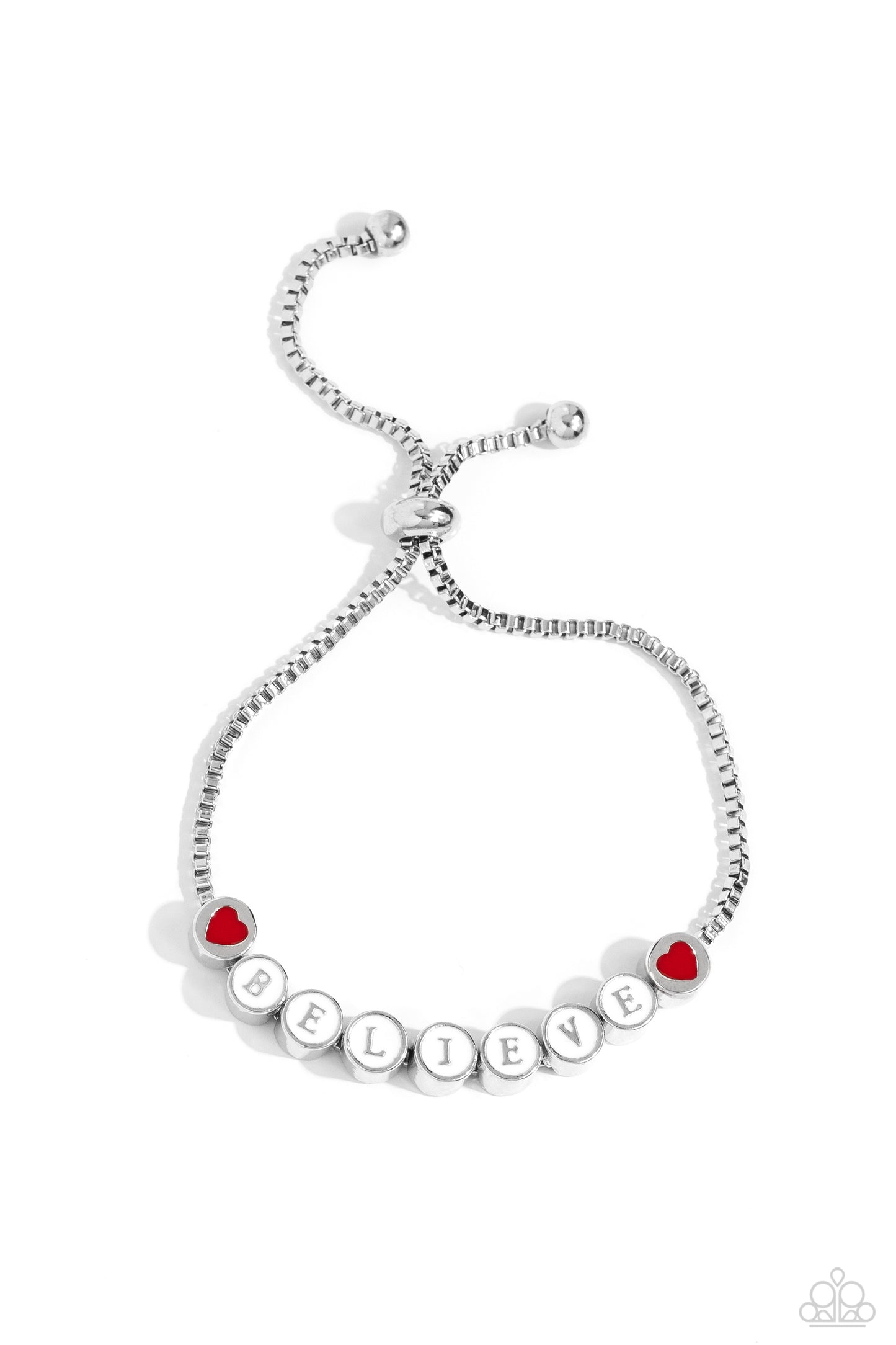 I Cant Believe It! White Sliding Bead Bracelet - Paparazzi Accessories  Delicately attached to a dainty silver box chain, thick circular silver fittings spell out the word "BELIEVE" across a white-painted backdrop with red-painted hearts embellishing the ends of the word, creating a sleek inspiring display. Features an adjustable sliding bead closure.  Sold as one individual bracelet.  Sku:  P9WD-WTXX-141XX