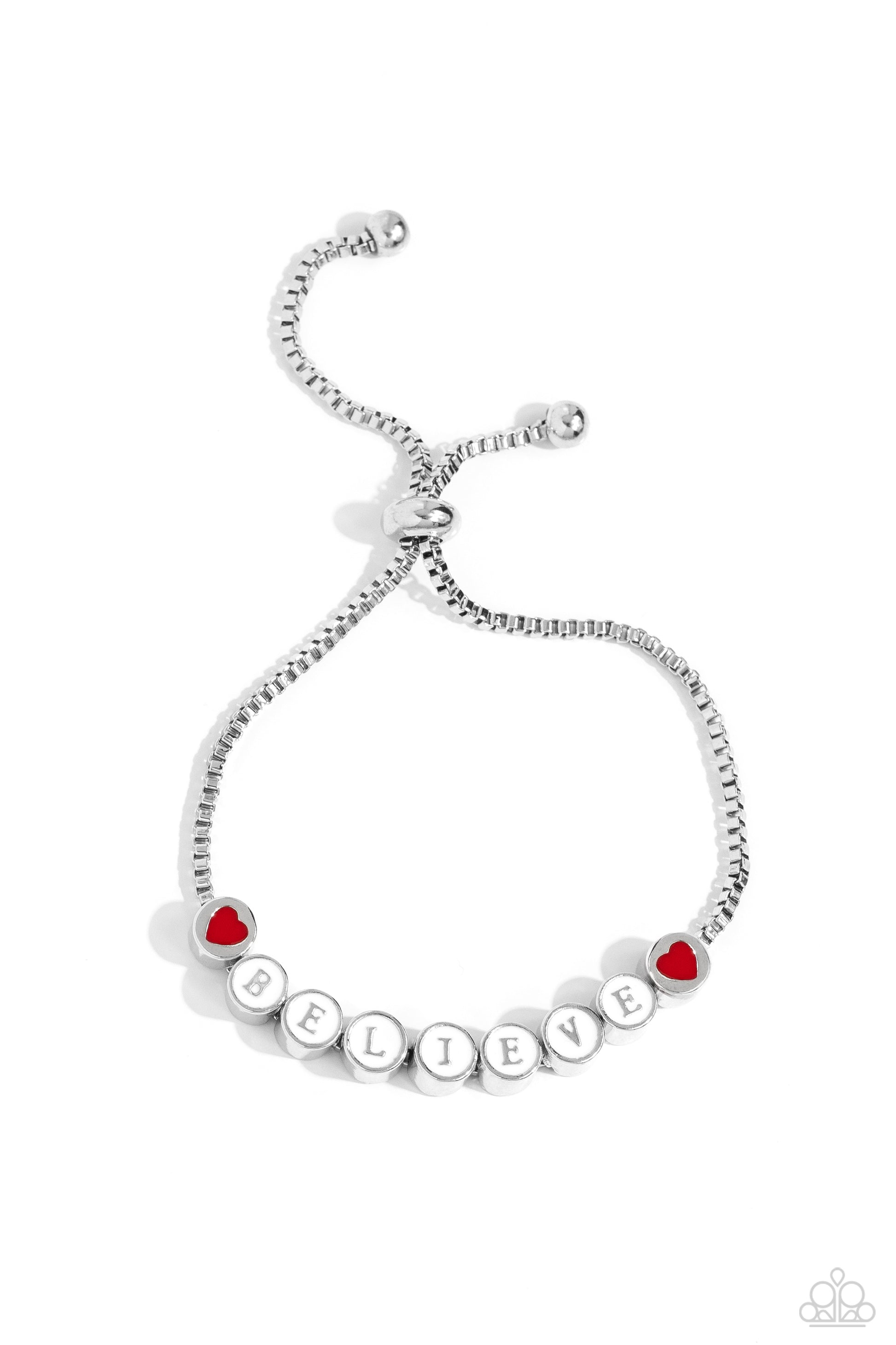 I Cant Believe It! White Sliding Bead Bracelet - Paparazzi Accessories  Delicately attached to a dainty silver box chain, thick circular silver fittings spell out the word "BELIEVE" across a white-painted backdrop with red-painted hearts embellishing the ends of the word, creating a sleek inspiring display. Features an adjustable sliding bead closure.  Sold as one individual bracelet.  Sku:  P9WD-WTXX-141XX