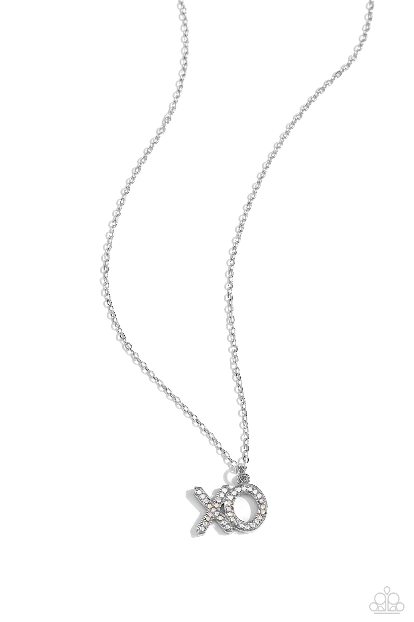 XO Showcase White Necklace - Paparazzi Accessories  Cascading from a dainty silver chain, the silver letters "XO" are embossed in various glistening white rhinestones, creating a romantic ombré statement down the neckline. Features an adjustable clasp closure. Due to its prismatic palette, color may vary.  Sold as one individual necklace. Includes one pair of matching earrings.  SKU: P2WD-WTXX-307XX