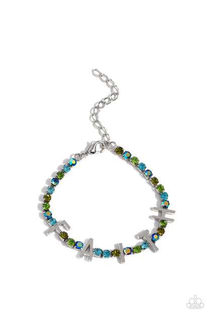 In Good Faith Multi Bracelet - Paparazzi Accessories  Set in silver square fittings, various multicolored rhinestones gleam around the wrist. Infused along the design, sleek silver letters spell out the word "FAITH" for an inspirational finish. Features an adjustable clasp closure. Due to its prismatic palette, color may vary.  Sold as one individual bracelet.  Sku:  P9WD-MTXX-064XX