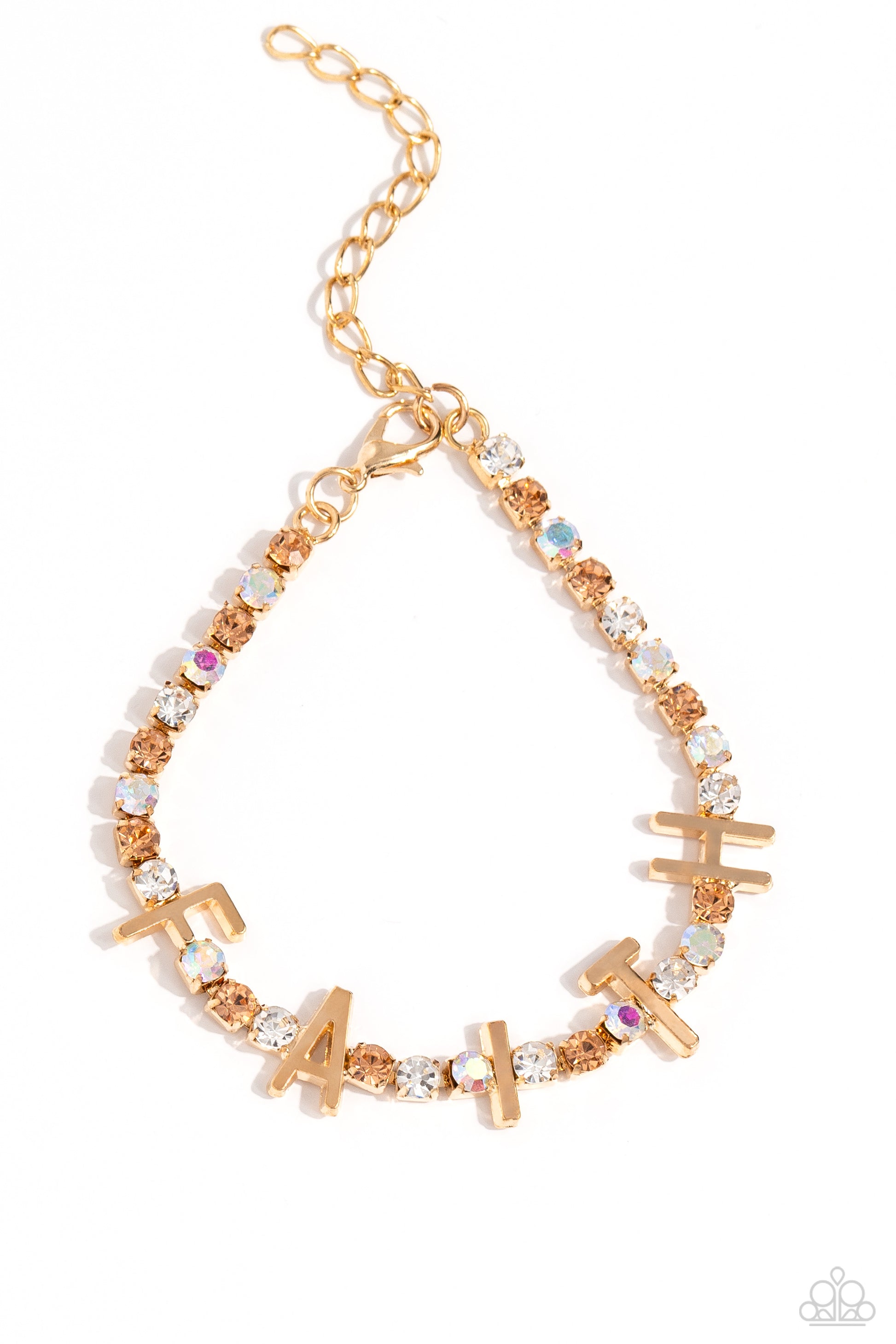 In Good Faith Gold Clasp Bracelet - Paparazzi Accessories  Set in gold square fittings, various multicolored rhinestones gleam around the wrist. Infused along the design, sleek gold letters spell out the word "FAITH" for an inspirational finish. Features an adjustable clasp closure. Due to its prismatic palette, color may vary.  Sold as one individual bracelet.  P9WD-GDXX-194XX