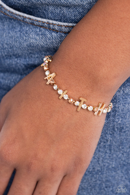 In Good Faith Gold Clasp Bracelet - Paparazzi Accessories  Set in gold square fittings, various multicolored rhinestones gleam around the wrist. Infused along the design, sleek gold letters spell out the word "FAITH" for an inspirational finish. Features an adjustable clasp closure. Due to its prismatic palette, color may vary.  Sold as one individual bracelet.  P9WD-GDXX-194XX