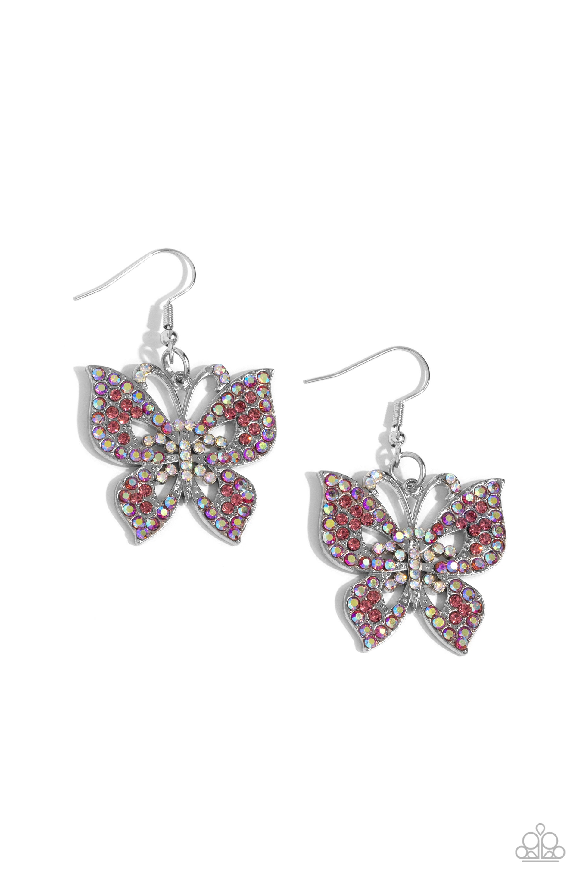 Bejeweled Breeze Pink Butterfly Earring - Paparazzi Accessories  An exaggeratedly oversized, airy silver butterfly is dotted with dainty pink multicolored rhinestones along its expansive wings and iridescent rhinestones along its body and antenna as it flutters below the ear for an enchanting fashion. Due to its prismatic palette, color may vary.  Sold as one pair of earrings.  Sku:  P5WH-PKXX-280TB