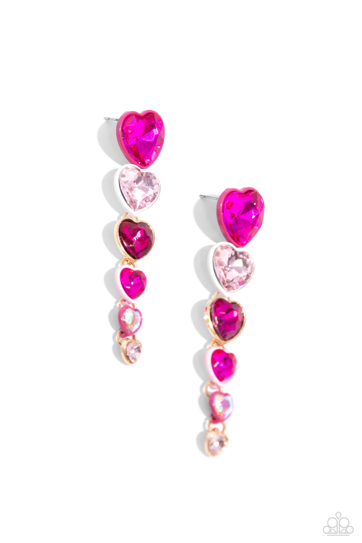 Cascading Casanova Pink Heart Post Earring - Paparazzi Accessories  Featuring sleek Pink Peacock, white, gold, and light pink-painted fittings, faceted fuchsia, white, and iridescent heart gems gradually decrease in size as they trickle from the ear for a glamorously romantic look. Earring attaches to a standard post fitting. Due to its prismatic palette, color may vary.  Sold as one pair of post earrings.  SKU: P5PO-PKXX-101XX