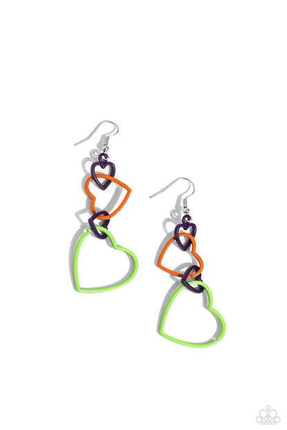 Cascading Crush Multi Heart Earring - Paparazzi Accessories  A collection of airy, heart-shaped silhouettes in varying sizes and Kohlrabi, purple, and orange hues interlock and fall from the ear in a haphazard pattern, creating a sleek romantic cascade. Earring attaches to a standard fishhook fitting.  Sold as one pair of earrings.  SKU: P5WH-MTXX-197XX