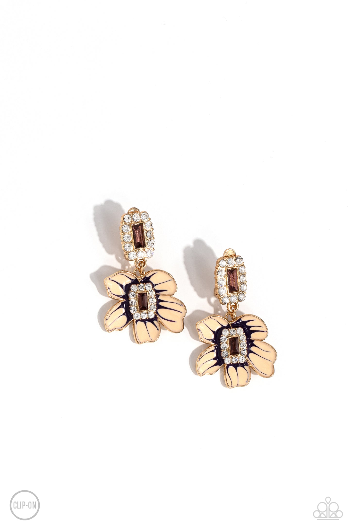 Colorful Clippings Gold Clip-On Earring - Paparazzi Accessories  Featuring an amethyst gem center, a Tender Peach, and plum-accented flower blooms from an emerald-cut gold fitting encrusted in a border of white rhinestones. The colorful flower is suspended from a similar emerald-cut glitzy pendant for a classic finish. Earring attaches to a standard clip-on fitting.  Sold as one pair of clip-on earrings.