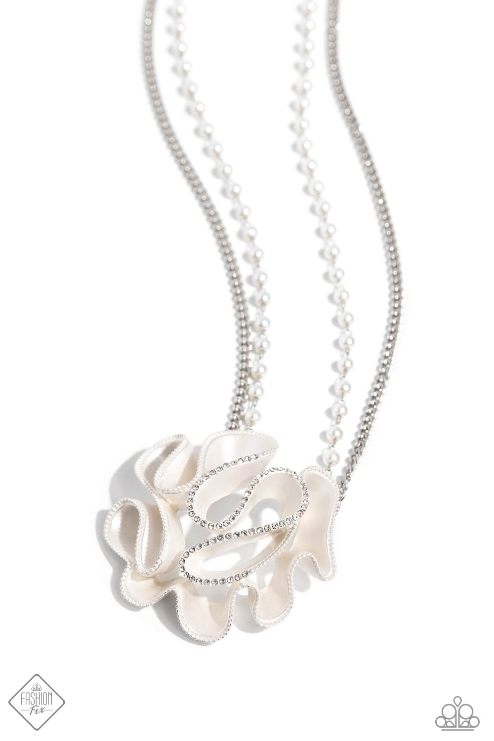 Pleated Power White Necklace - Paparazzi Accessories  Meticulously dotted with white rhinestones, white pearlescent-painted ribbons playfully gather in an asymmetrical pattern at the bottom of a two-layered classic chain and pearl-dotted display for an exquisite centerpiece. Features an adjustable clasp closure.  Sold as one individual necklace. Includes one pair of matching earrings.  Sku:  P2ST-WTXX-140SY