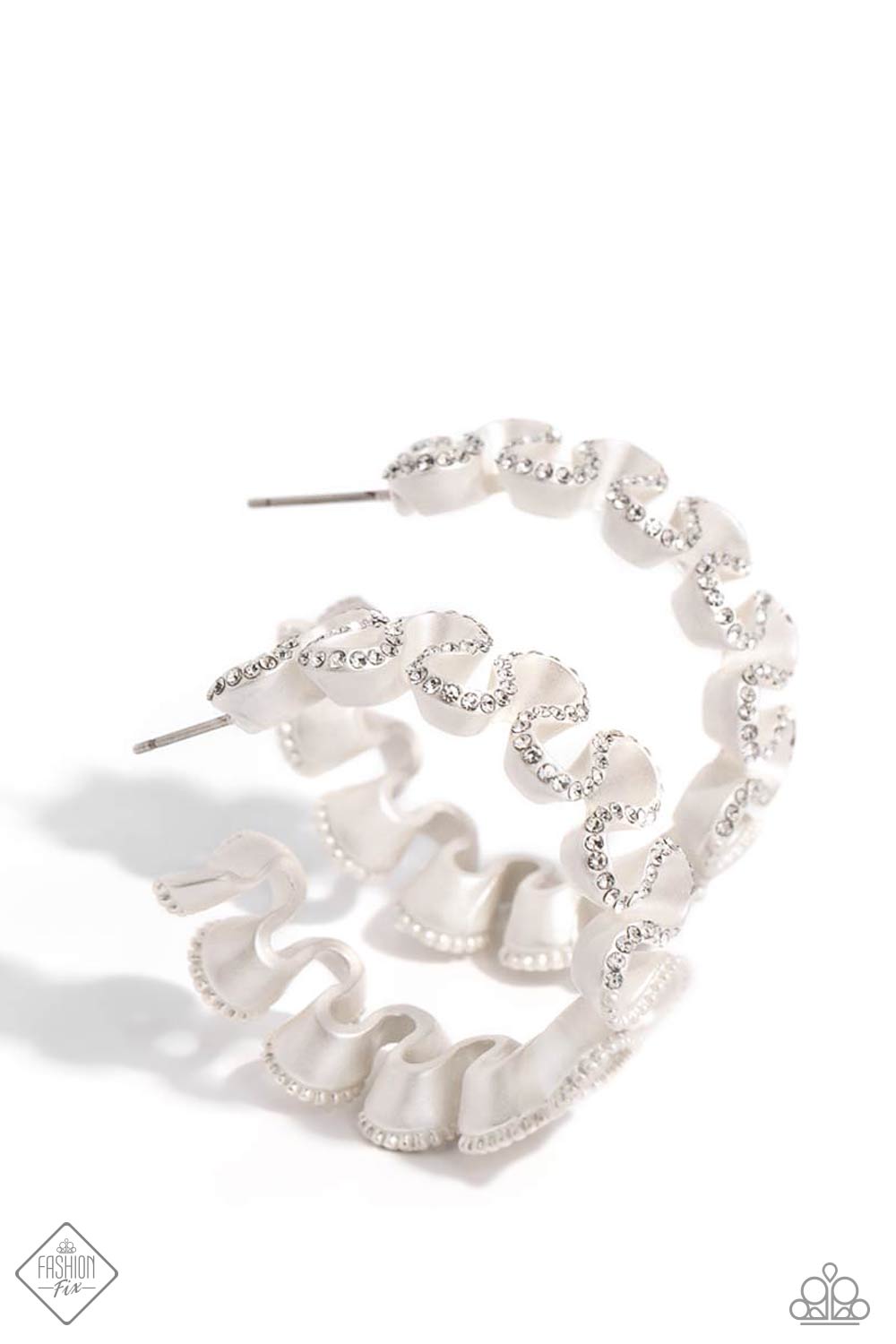 Resolutely Ruffled White Hoop Earring - Paparazzi Accessories  Meticulously dotted with white rhinestones, white pearlescent-painted ribbons playfully gather around the ear for an elegant display. Earring attaches to a standard post fitting. Hoop measures approximately 1 1/2" in diameter.  Sold as one pair of hoop earrings.  Sku:  P5HO-WTXX-160SY