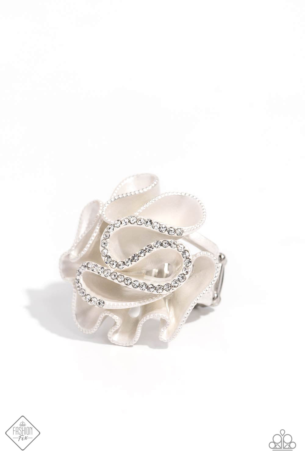 Crimped Confidence White Ring - Paparazzi Accessories  Meticulously dotted with white rhinestones, white pearlescent-painted ribbons playfully gather in an asymmetrical pattern atop the finger for an exquisite centerpiece. Features a stretchy band for a flexible fit.  Sold as one individual ring.  Sku:  P4ST-WTXX-038SY