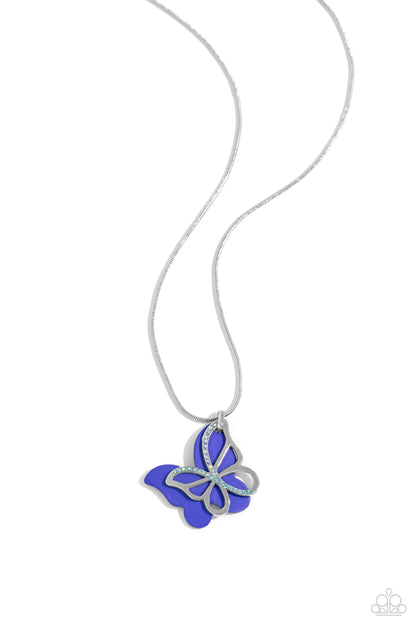 Detailed Dance Blue Butterfly Necklace - Paparazzi Accessories  Layered beside a silver butterfly silhouette dotted with aquamarine and blue-iridescent rhinestones, a royal blue-painted acrylic butterfly flutters from a silver snake chain below the collar for a whimsical fashion. Features an adjustable clasp closure. Due to its prismatic palette, color may vary.  Sold as one individual necklace. Includes one pair of matching earrings.  Sku:  P2WH-BLXX-485XX