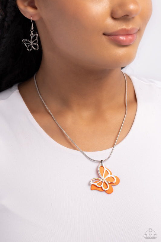 Detailed Dance Orange Butterfly Necklace - Paparazzi Accessories  Layered beside a silver butterfly silhouette dotted with light peach, orange, and peachy-iridescent rhinestones, an orange-painted acrylic butterfly flutters from a silver snake chain below the collar for a whimsical fashion. Features an adjustable clasp closure. Due to its prismatic palette, color may vary.  Sold as one individual necklace. Includes one pair of matching earrings.  P2WH-OGXX-279XX
