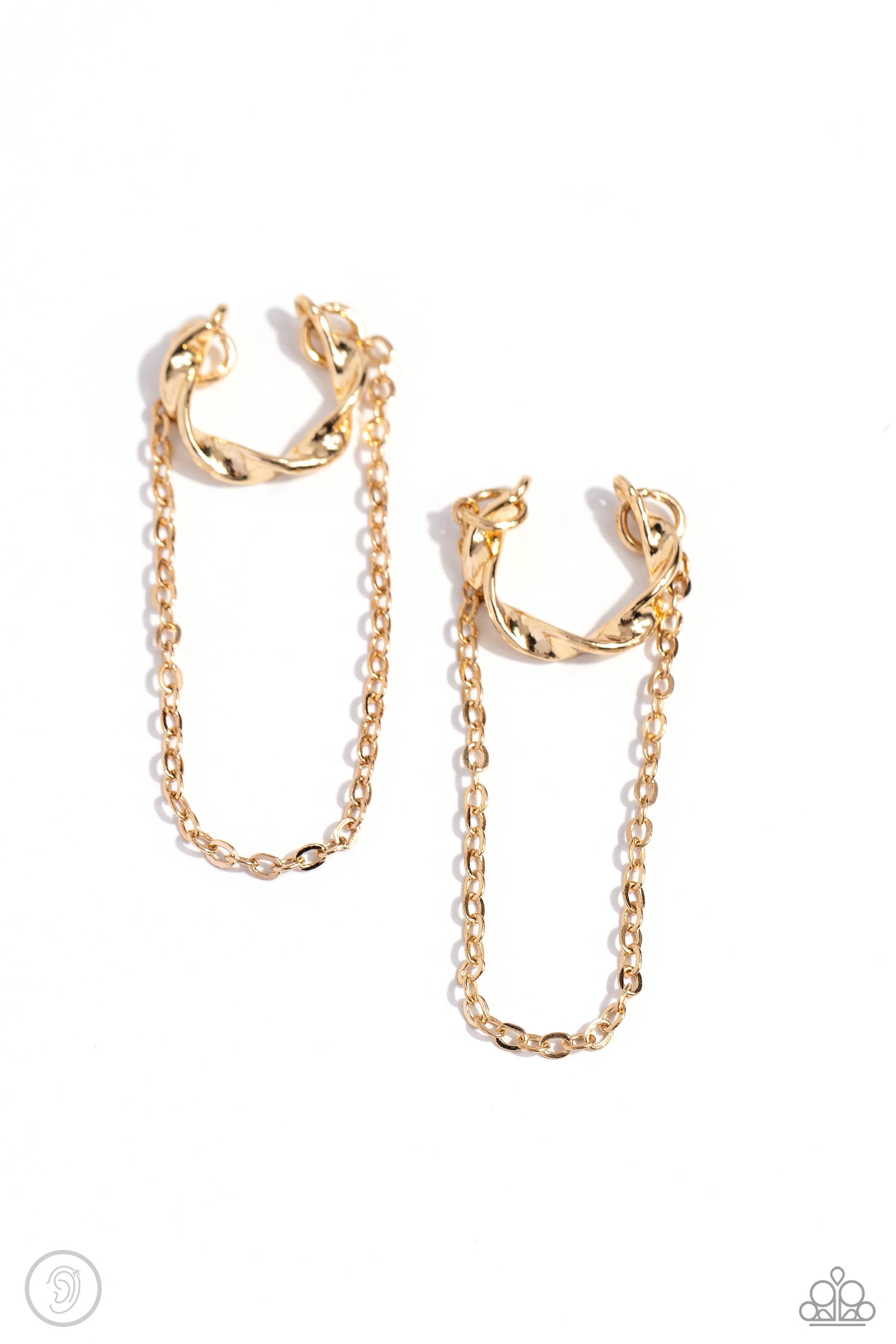 CUFF Hanger Gold Ear Cuff Earring - Paparazzi Accessories  A glistening gold bar delicately twists into a dainty hoop while a solitaire shimmery gold chain cascades below it, creating an adjustable refined, one-size-fits-all display.  Sold as one pair of cuff earrings.  Sku:  P5PO-CFGD-264XX