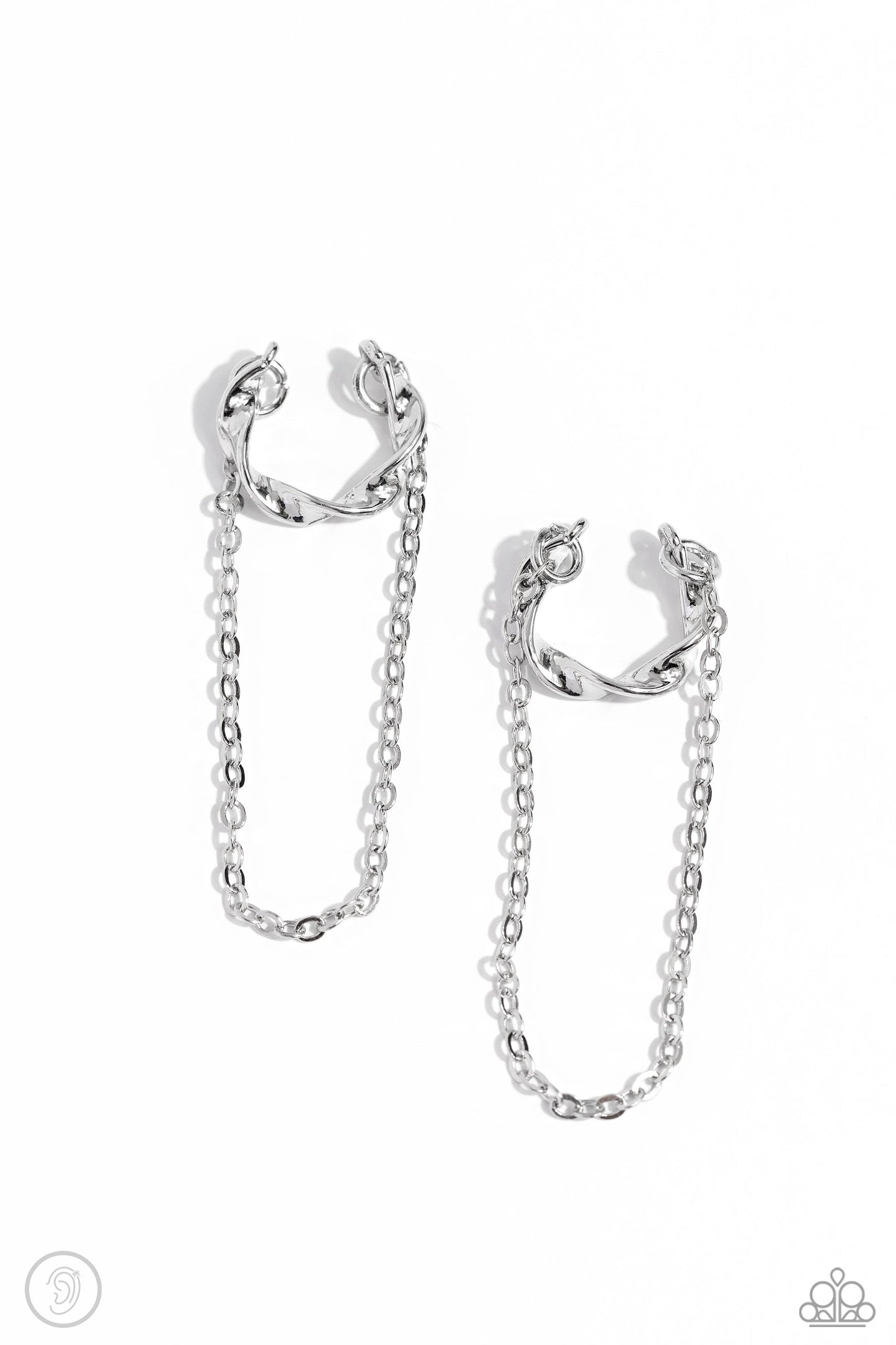 CUFF Hanger Silver Ear Cuff - Paparazzi Accessories  A glistening silver bar delicately twists into a dainty hoop while a solitaire shimmery silver chain cascades below it, creating an adjustable refined, one-size-fits-all display.  Sold as one pair of cuff earrings.  Sku:  P5PO-CFSV-257XX