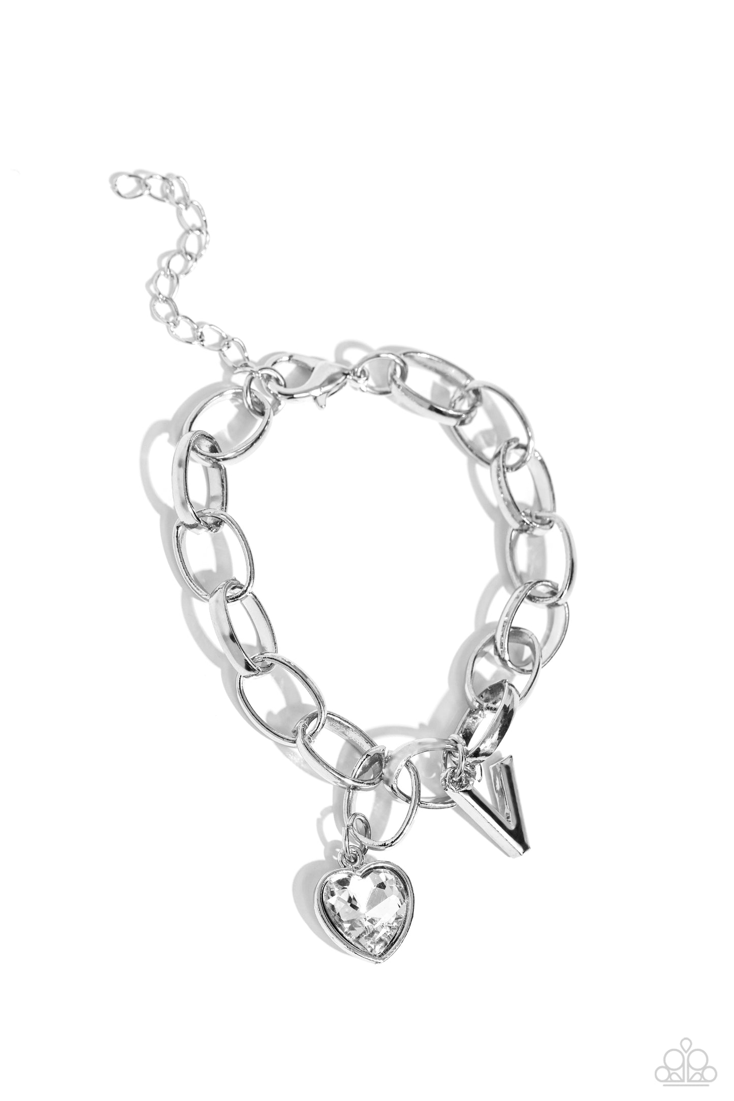 Guess Now Its INITIAL White "V" Bracelet - Paparazzi Accessories  A simple collection of silver charms — including a white rhinestone heart pressed in a silver frame and a sleek letter "V" — dance from a chunky silver chain around the wrist, creating a sentimental fringe. Features an adjustable clasp closure.  Sold as one individual bracelet.  New Kit Sku:  P9BA-WTXX-056XX