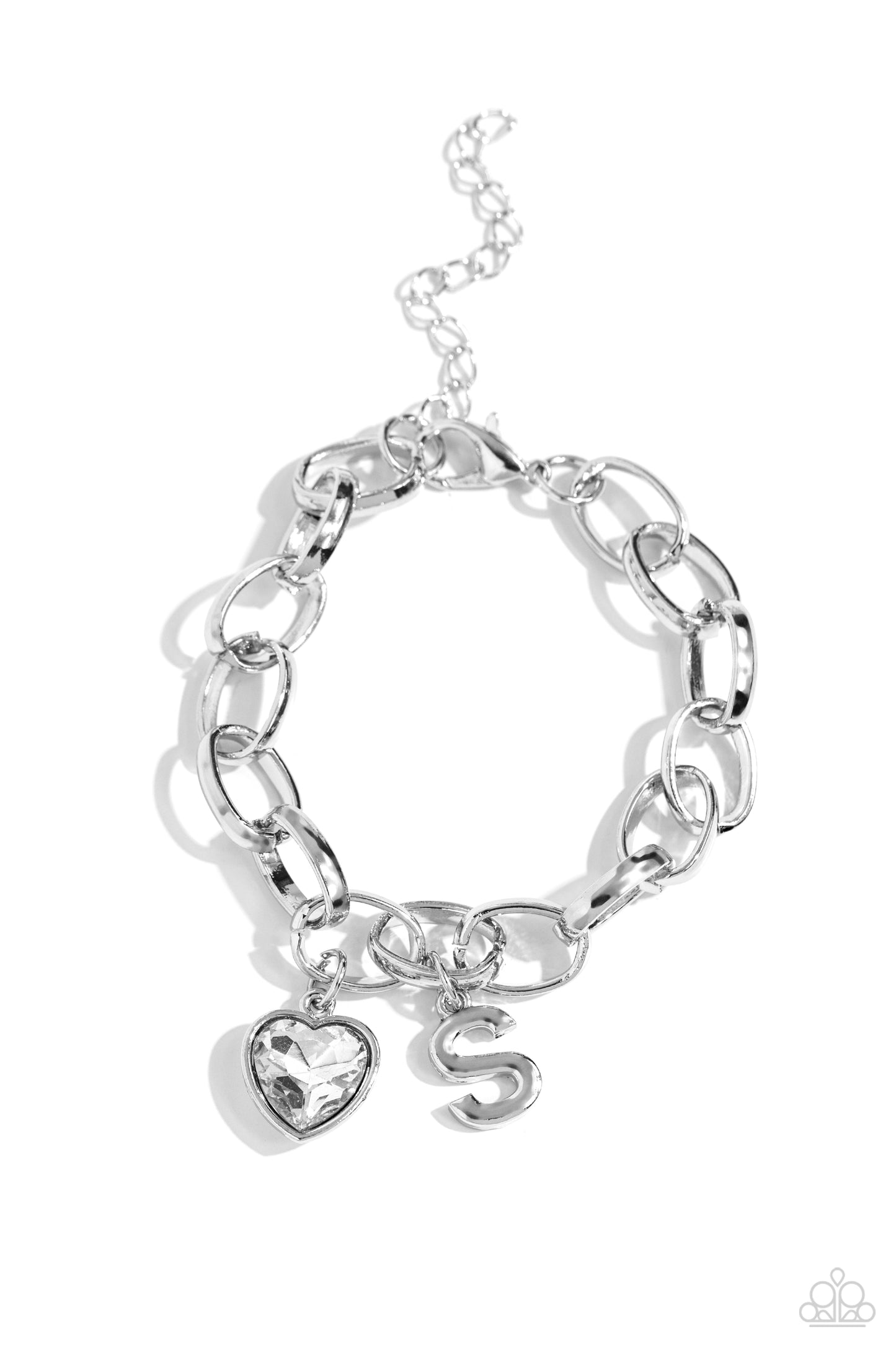 Guess Now Its INITIAL White "S" Bracelet - Paparazzi Accessories  A simple collection of silver charms — including a white rhinestone heart pressed in a silver frame and a sleek letter "S" — dance from a chunky silver chain around the wrist, creating a sentimental fringe. Features an adjustable clasp closure.  Sold as one individual bracelet.  New Kit Sku:  P9BA-WTXX-053XX