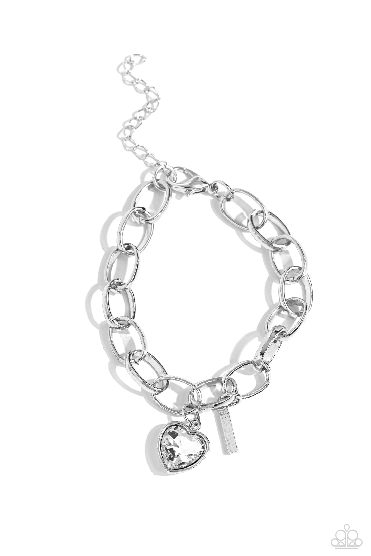Guess Now Its INITIAL White "I" Bracelet - Paparazzi Accessories  A simple collection of silver charms — including a white rhinestone heart pressed in a silver frame and a sleek letter "I" — dance from a chunky silver chain around the wrist, creating a sentimental fringe. Features an adjustable clasp closure.  Sold as one individual bracelet.  New Kit Sku:  P9BA-WTXX-043XX