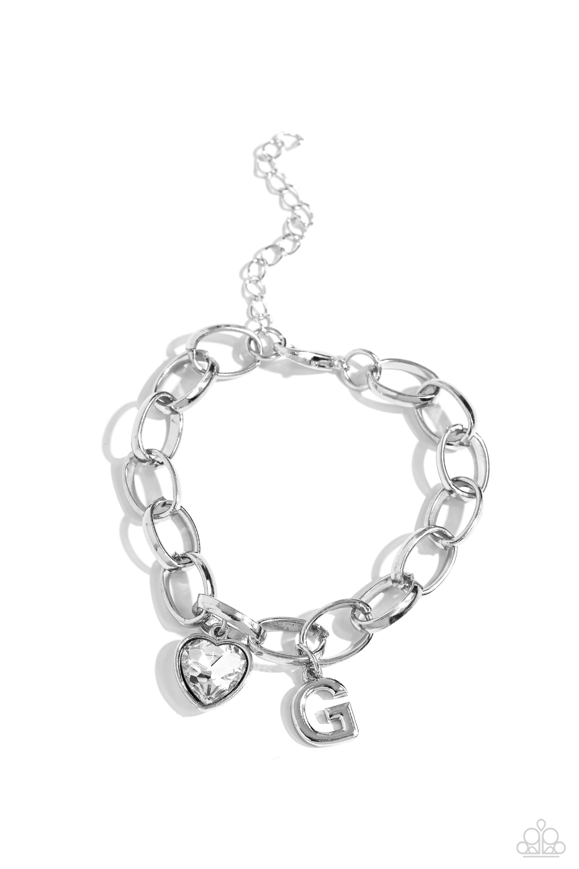 Guess Now Its INITIAL White "G" Bracelet - Paparazzi Accessories  A simple collection of silver charms — including a white rhinestone heart pressed in a silver frame and a sleek letter "G" — dance from a chunky silver chain around the wrist, creating a sentimental fringe. Features an adjustable clasp closure.  Sold as one individual bracelet.  New Kit Sku:  P9BA-WTXX-041XX